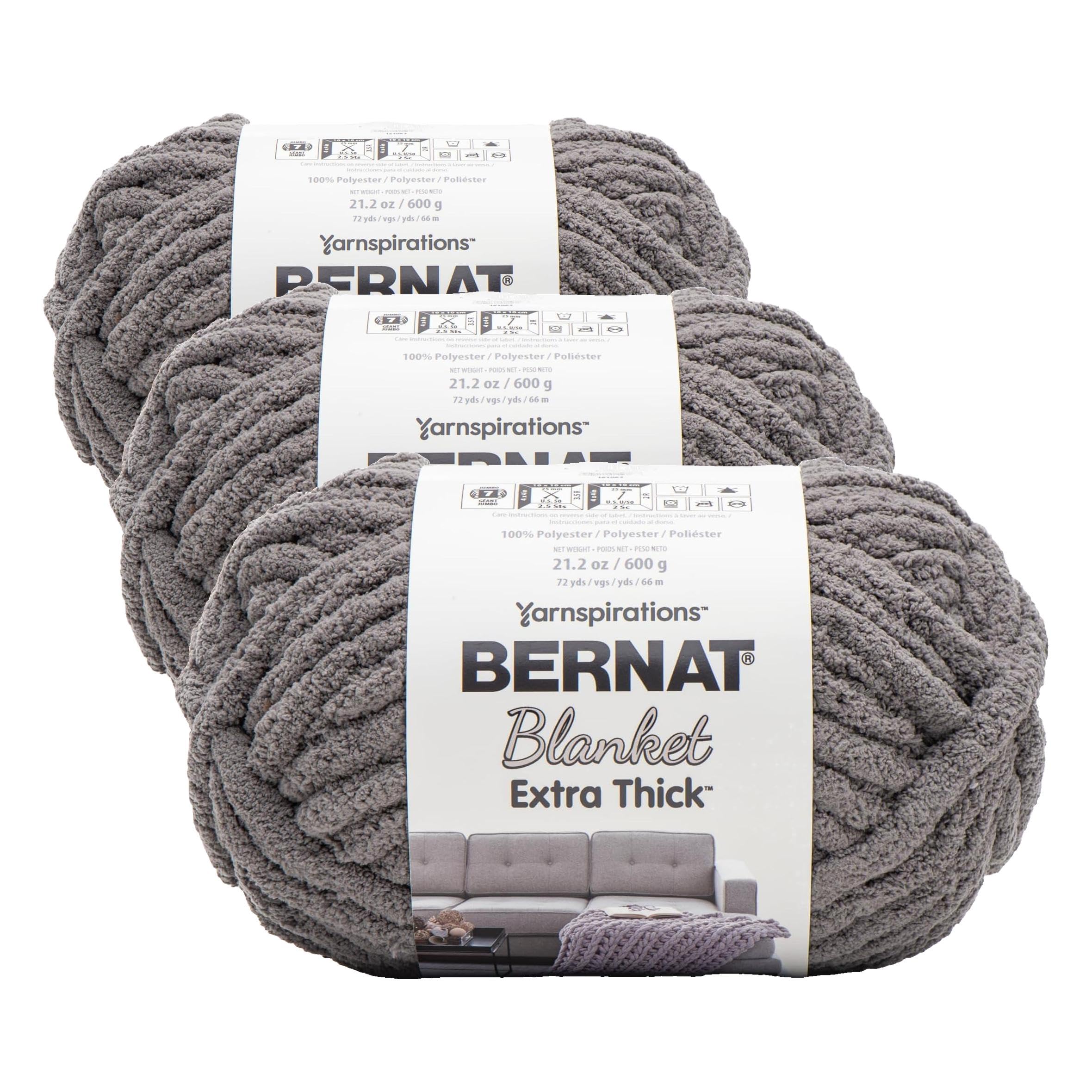 Bernat Blanket Extra Thick Dark Gray Yarn - 3 Pack of 21.12oz/598.74g - 100% Polyester - #7 Jumbo - 72 Yards for Knitting, Crocheting, Crafts &amp; Amigurumi, Chunky Chenille Yarn