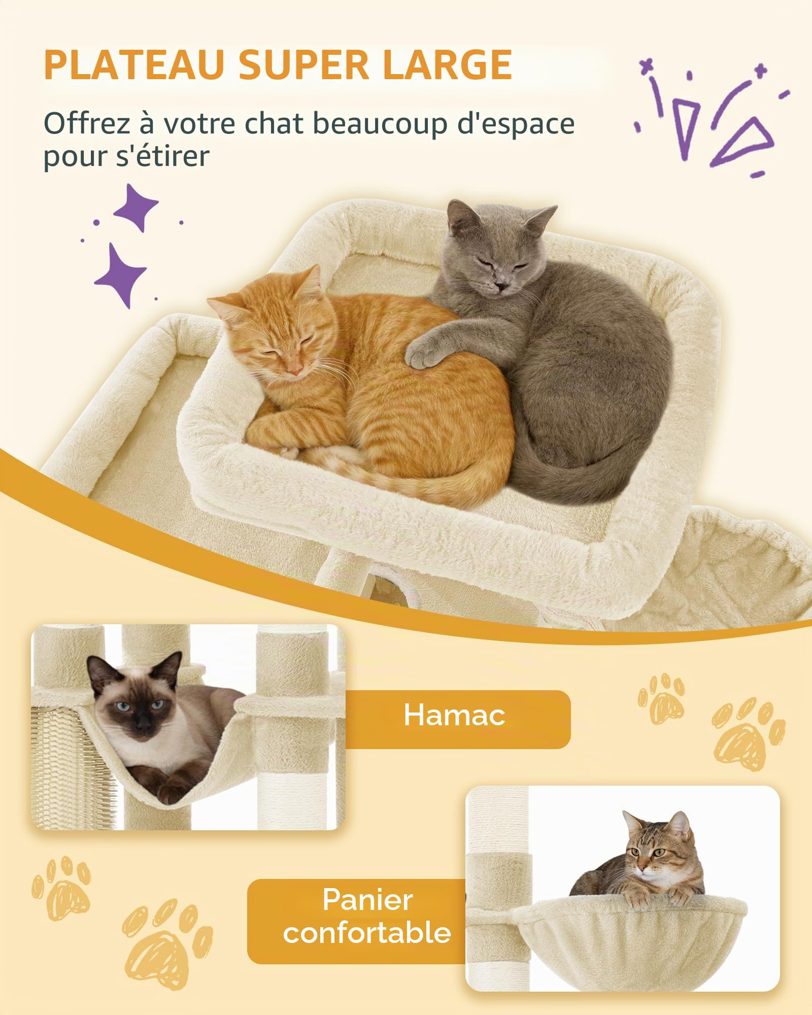 Hzuaneri Arbre à Chat, 176 cm, 2 Plateformes Extra-Larges, Beige | 2 Grande Grottes, 9 Poteaux à Griffer en Sisal, 2 Hamacs, Panier pour Chat, Pompons, Convient aux Chats Maine Coon, MS17218YL