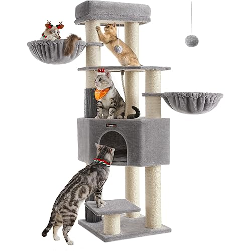 Feandrea Cat Tree for Large Cats, 63-Inch Heavy-Duty Cat Tower with Self-Warming Pads, 2 Self-Groomers, 9 Scratching Posts, Large Perch, Cave, and Baskets, Dove Gray and Cream White UPCT003N01