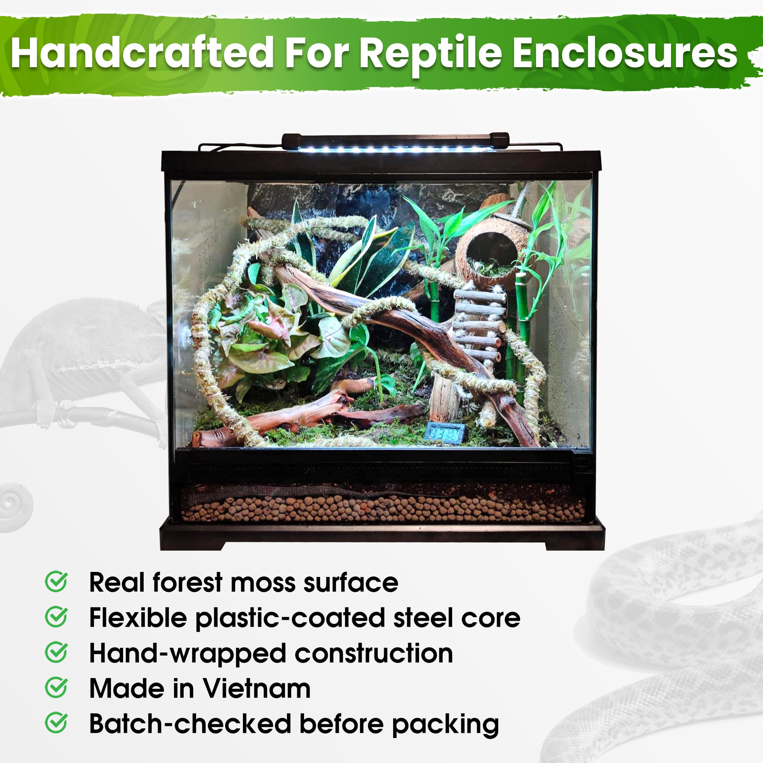 Duspro Vides de reptiles de 10 pies para trepar ramas flexibles para reptiles, cuerda de musgo natural, decoración de selva para dragón barbudo, accesorios de tanque de camaleón, terrario de