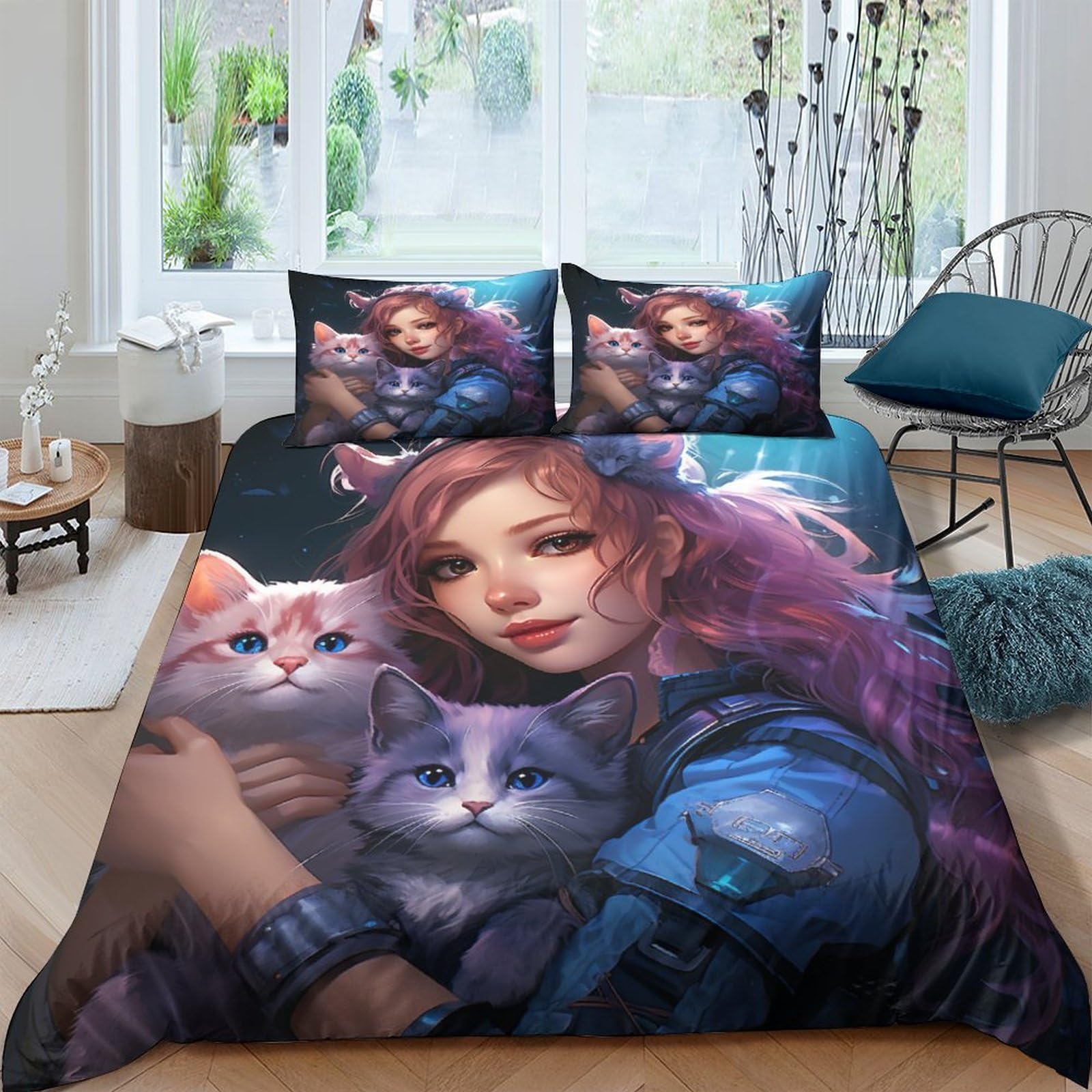 Ensemble de literie avec taie d'oreiller motif chat et anime japonais