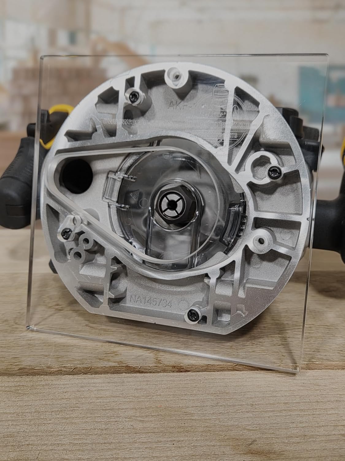 3/8″ Thick 6.75″ square baseplate upgrade with a 2.6″ opening. Compatible with Dewalt DCW620B plunge base.
