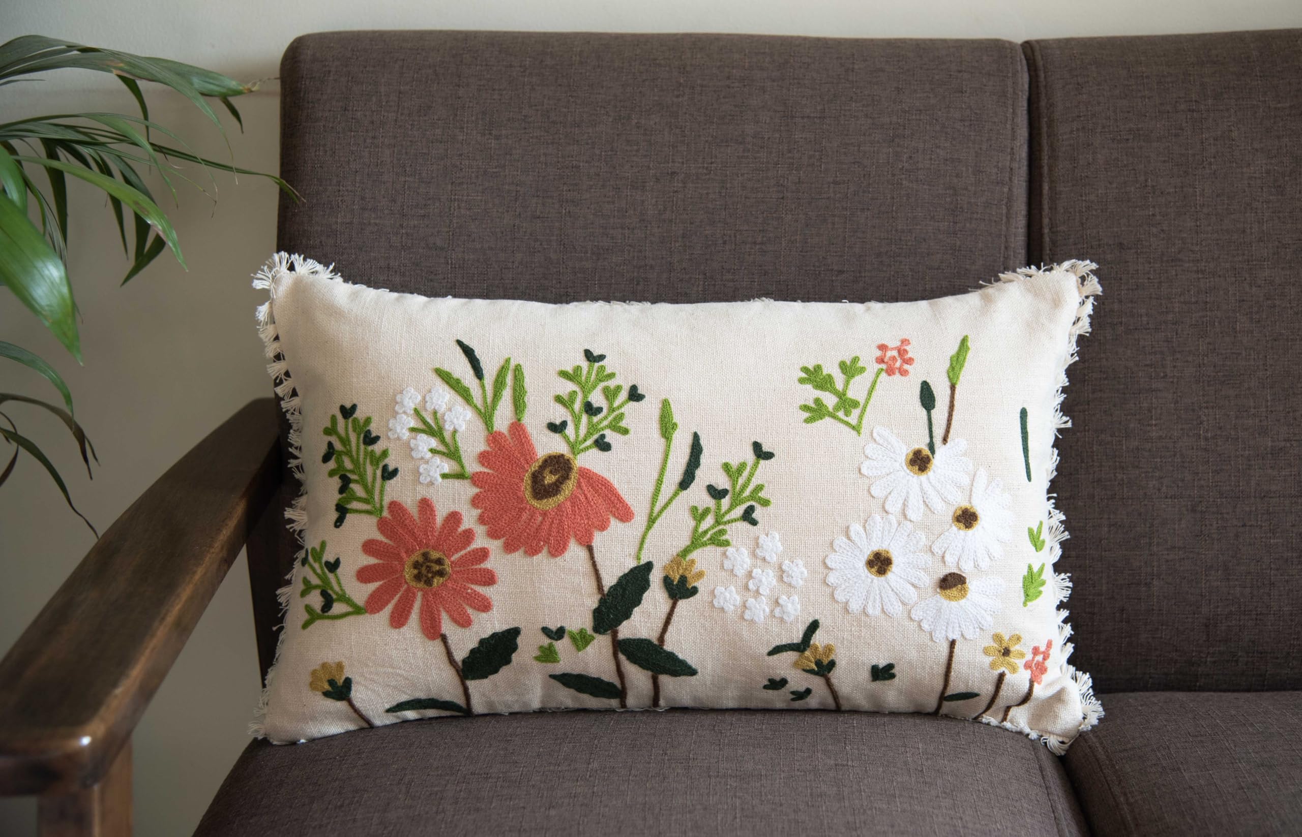 Gulaabi Ghar Decorative Floral Embroidered Cushion Cover, Rectangular in 12 x 20 inch Size, 30 x 50 cm, for Living Room Sofa, Chairs, Bed, Pack of 1