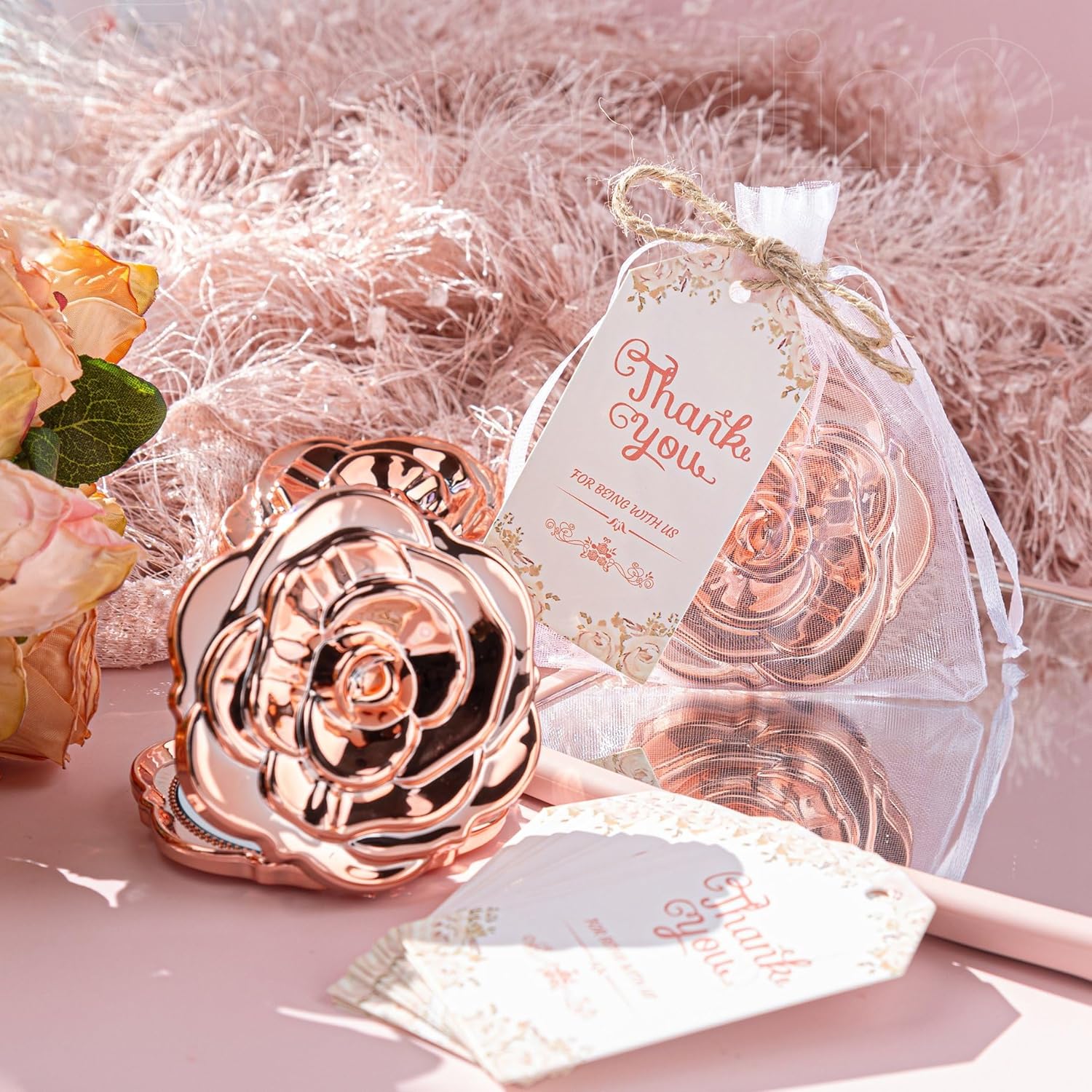 Framendino, 20 Set Rose Compact Mirror Bulk Wedding Party Favors Including Portable Mini Shape Mirrors Thank You Tag White Organza Bag and Jute Twine for Bridal Shower Souvenirs