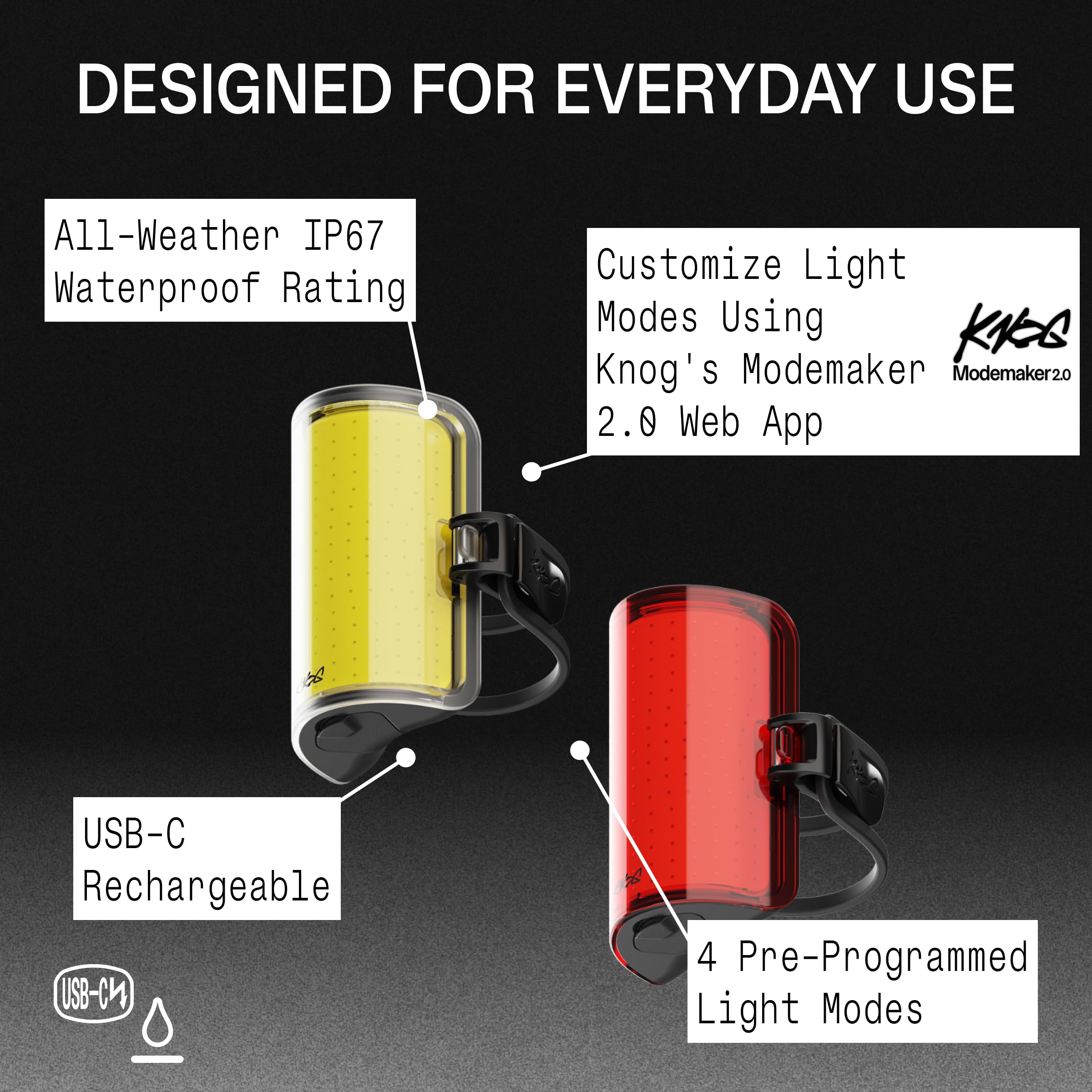 Knog Cobber Reflex - Luces LED para bicicleta, 320 lúmenes delanteros y 170 lúmenes traseros recargables por USB, haz ancho de 330°, 8 modos de luz, impermeable IP67