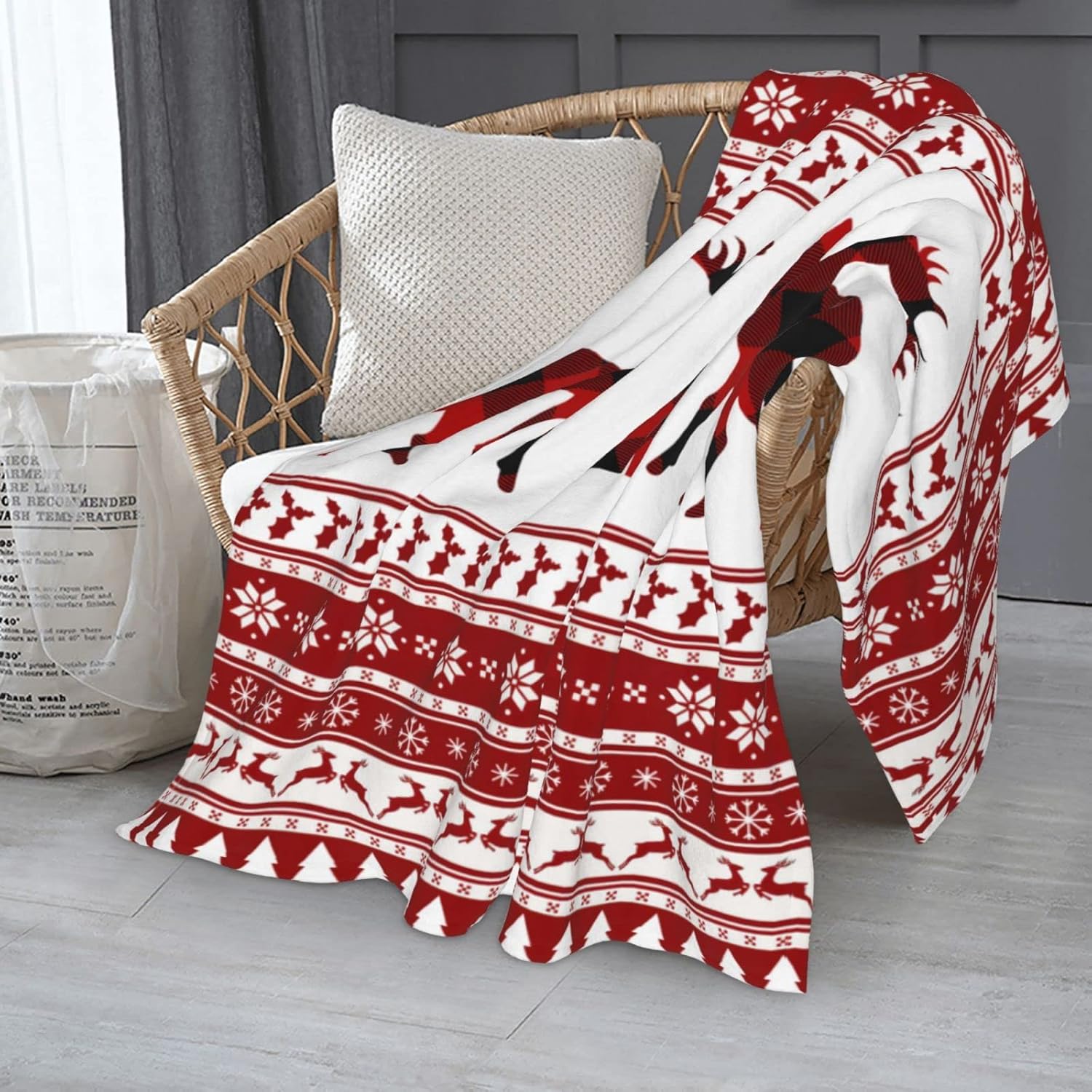 JOOCAR Christmas Deer Blanket Holiday Red Christmas Decor Print Fannel Blanket Red and White Flower and Snowflake Soft Plush Warm Throw Blanket for Bed Couch Living Room Sofa Chair(60" x 80")