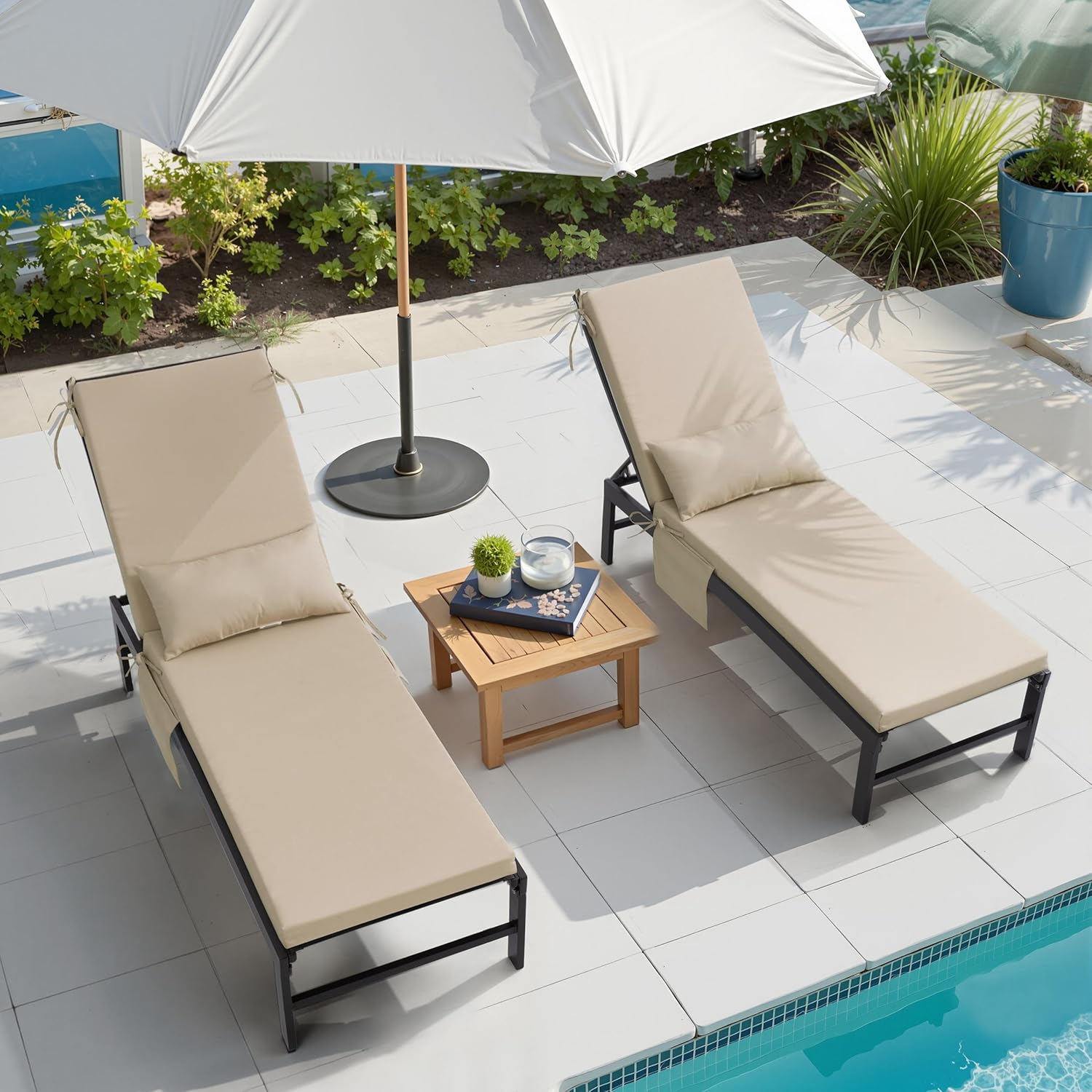 Sunbrella Outdoor Chaise Lounge Cushion Set of 2 with Head Pillow and Side Pockets, Water Repellent Patio Recliner Lounge Chair Cushions for Lawn, Pool & Beach (Antique Beige, 72" x 21")