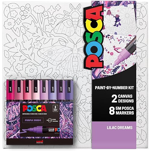 POSCA Canvas Paint by Number Kit, Lilac Dream - 8 Acrylic Markers with 2 Pre-Drawn Canvases - Gift Set for Artists, Adults and Kids
