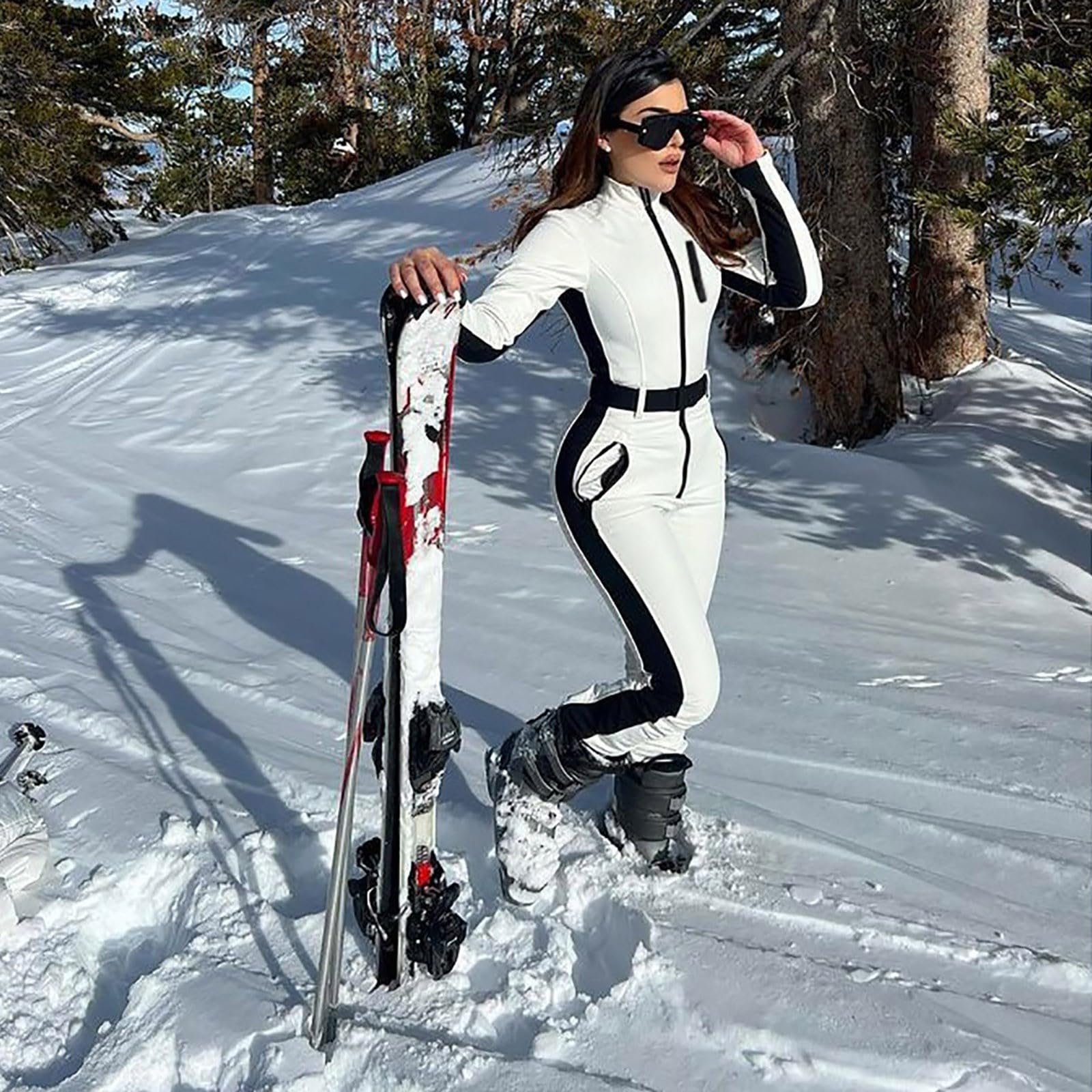 Generisch Mono térmico para mujer, chaqueta de esquí de invierno, tallas grandes, mono de esquí sin capucha, cuello alto, mono deportivo con cremallera y cinturón, traje de nieve cálido, resistente al