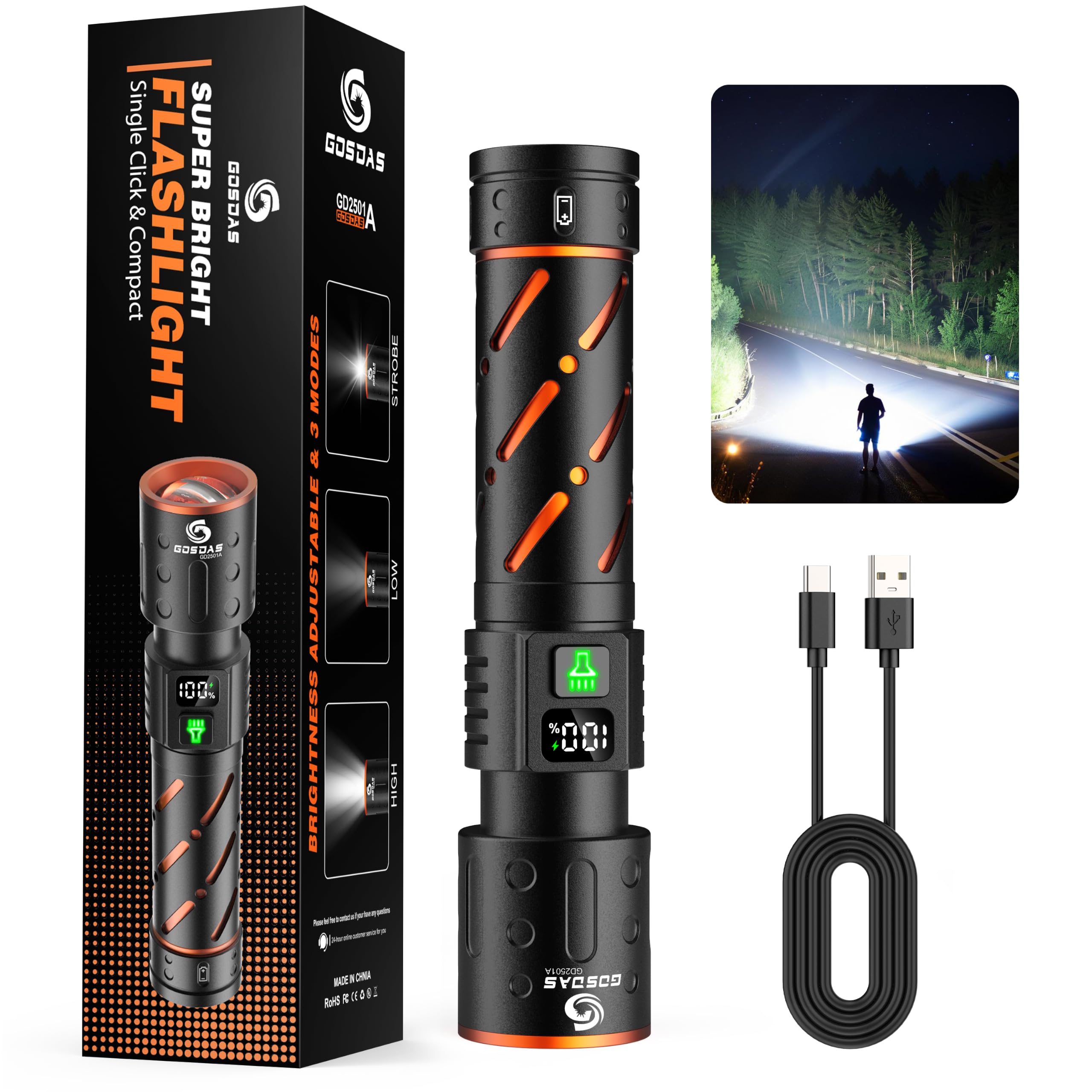 Gosdas USB-C Rechargeable Flashlight