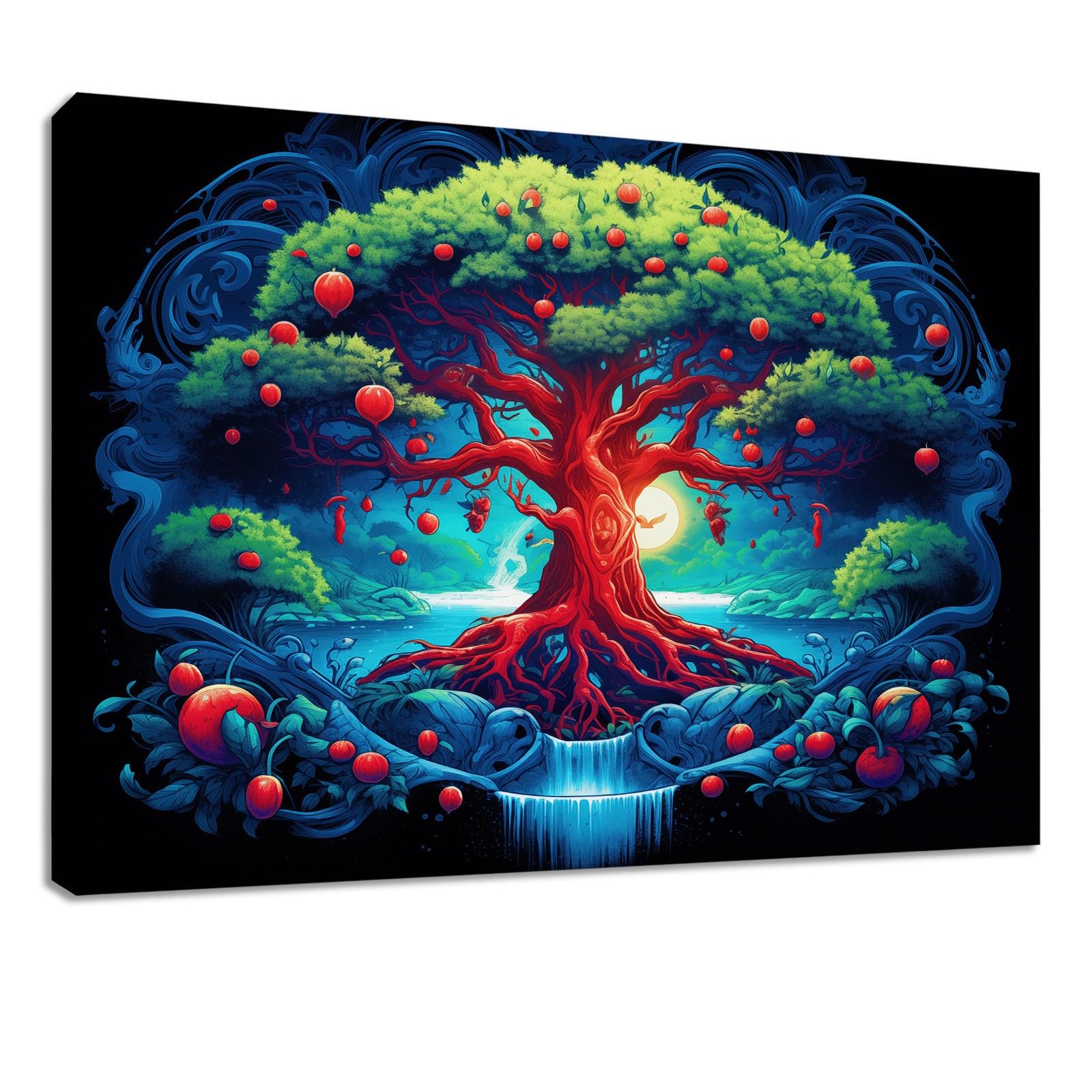 Générique Fantazyjny wydruk na płótnie 140 x 70 cm Drewniana ramka plakat na obraz dekoracja ścienna - niebieskie drzewo życia wodospad rośliny do salonu, sypialni, przedpokoju i łazienki, dekoracji