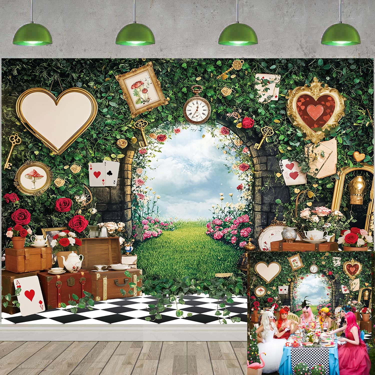 Wonderland - Sfondo fotografico con foglie verdi e rose a scacchiera con fiabe, sfondo fotografico, principessa, baby shower, feste di compleanno, striscione per ritratti fotografici (2,3 x 1,8 m)