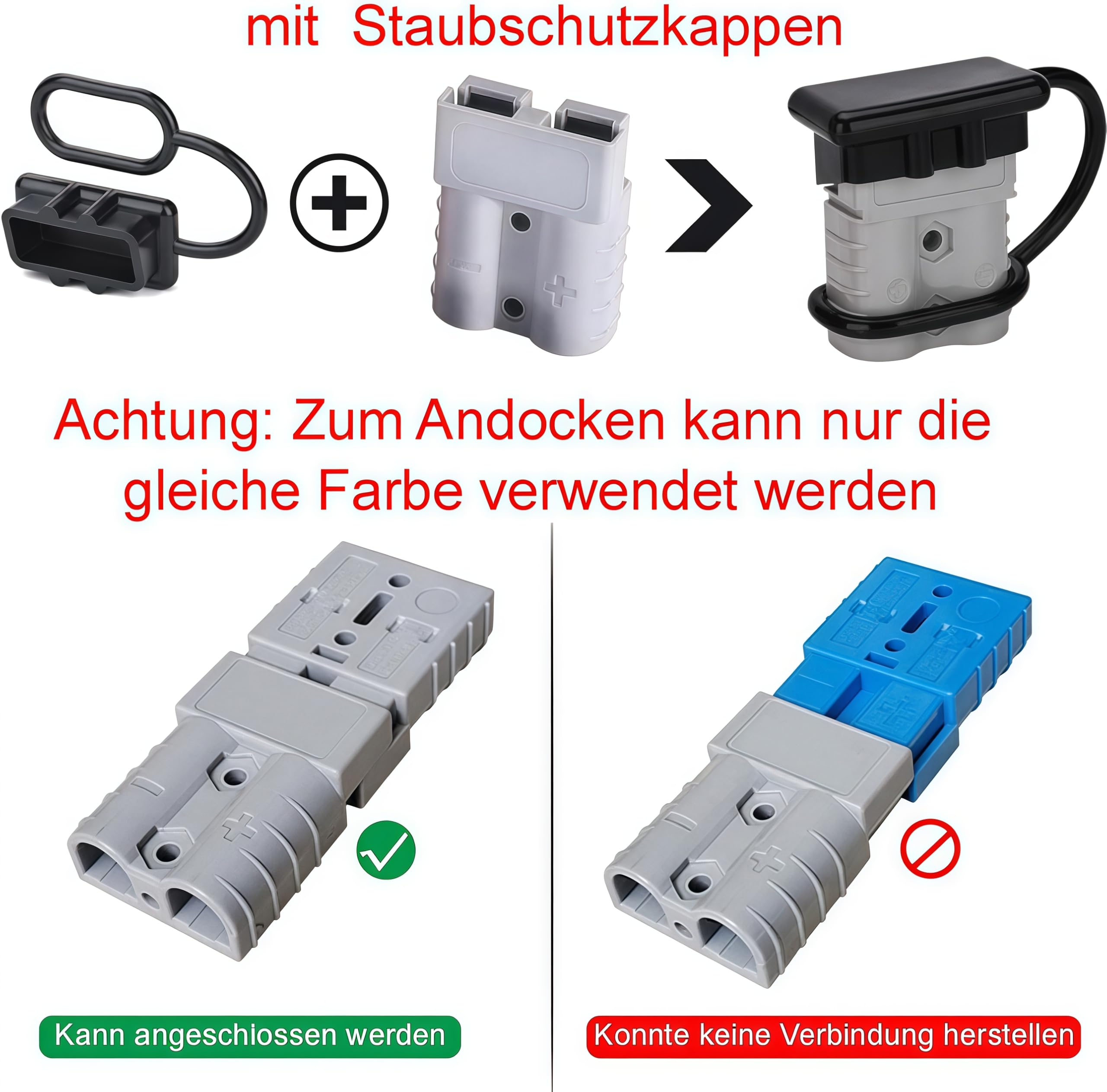 10 Stück Batterieanschluss für Anderson stecker 50a, 600V 50Amp Batterie Schnellanschluss Stecker mit 4 Stück Staubschutzkappen für Gabelstapler, Wohnwagen, Autos, Boote, Solaranlagen