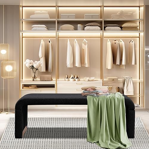 Miniatura 5 de Recaceik Banco de entrada, extremo de la cama, banco de almacenamiento de tela de peluche con asiento acolchado tapizado y pata de piel sintética,