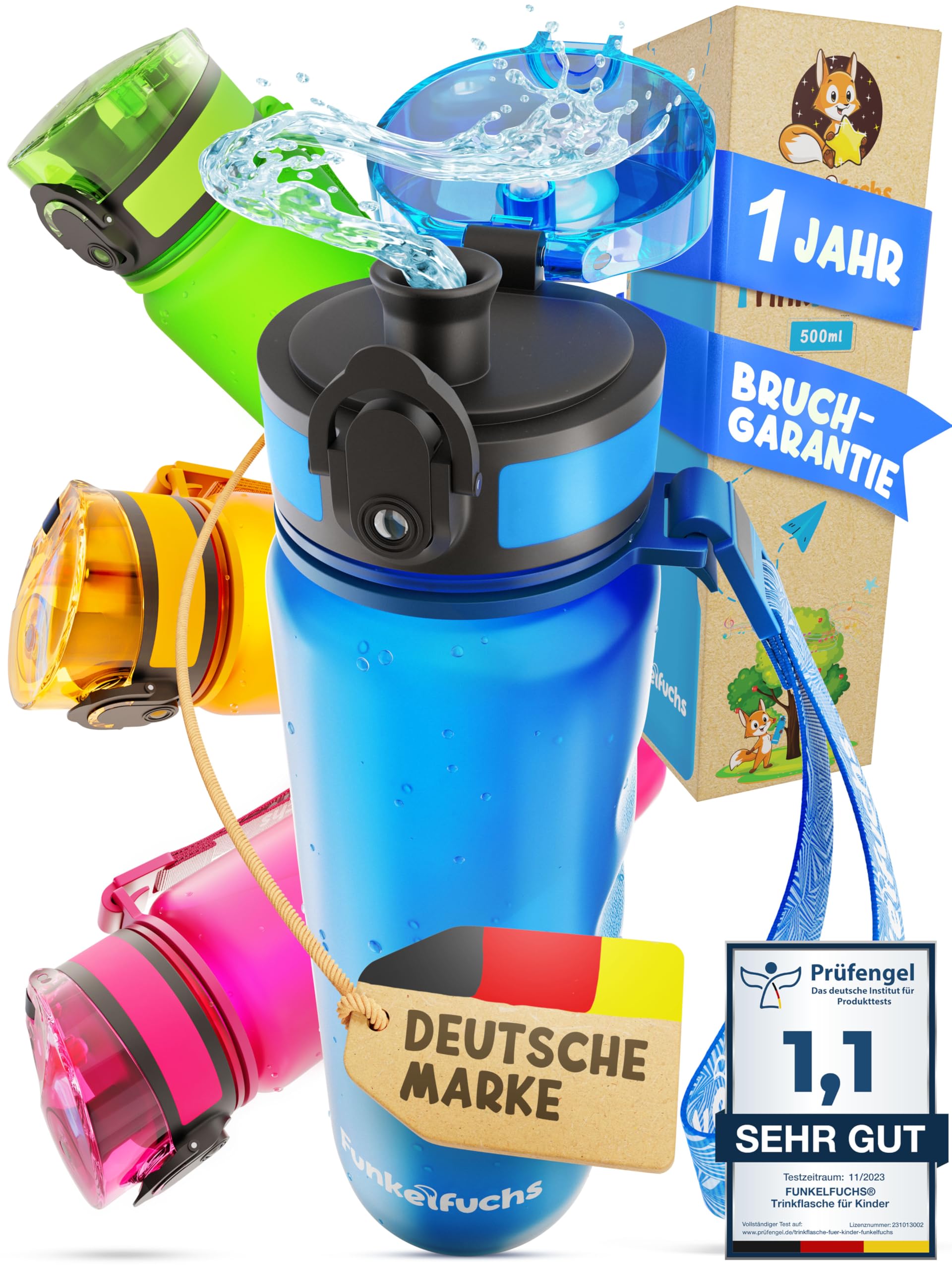 Funkelfuchs® - Water Bottle for Children - 500 ml, Blue - Suitable for Carbonated Drinks - 100% Leak-Proof - Water Bottle Dishwasher Safe - for Nursery, School, Sports