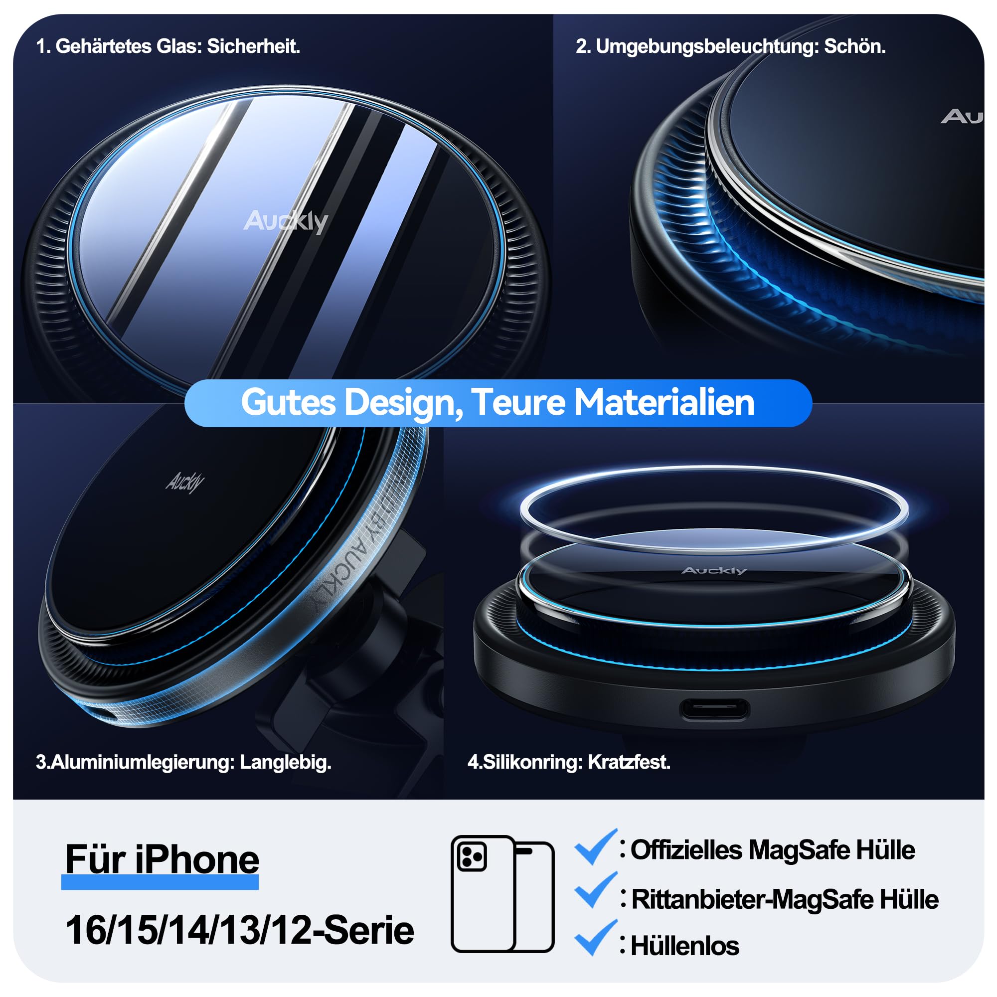 Auckly 15W für Magsafe Autohalterung mit Ladefunktion, Magnetisches Qi Kabelloses Handyhalterung, Lüftung, für iPhone 17 16 15 14 13 12 Series, Schnellladung, Aluminium, Clip, Schwarz