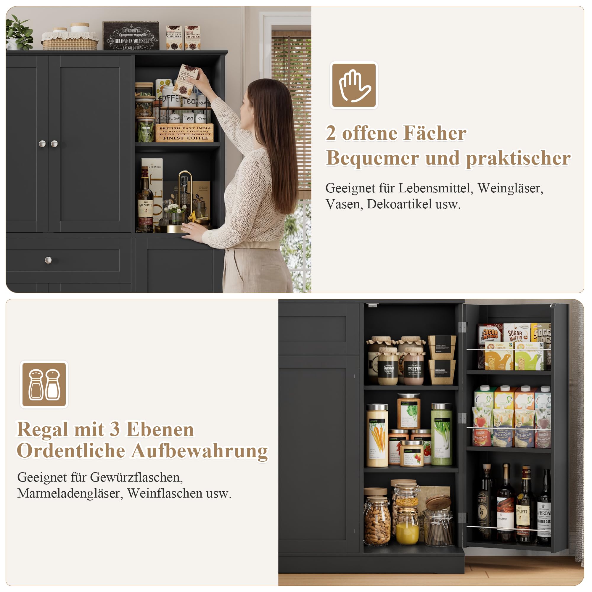FirFurd Küchenschrank mit Gewürzregal Mehrzweckschrank Vorratsschrank Buffetschrank mit 5 Türen und 1 Schublade Küchenmöbel Hochschrank für Küche Wohnzimmer Flur 173x104x40cm schwarz