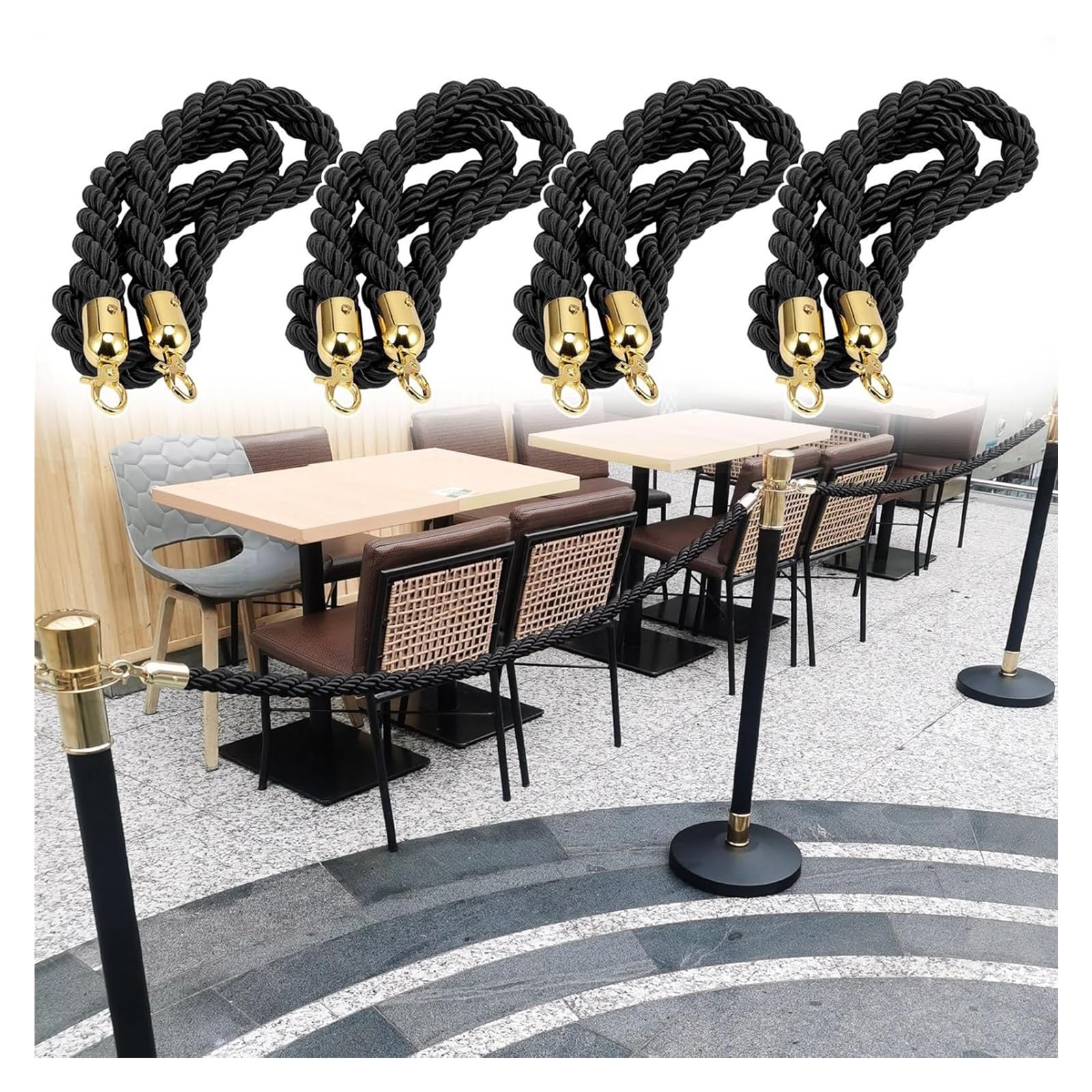Lot de 4 cordes torsadées en nylon noir de 3,4 m avec crochets polis – Barrières de contrôle de la foule durables pour événements, festivals et gestion des files d'attente