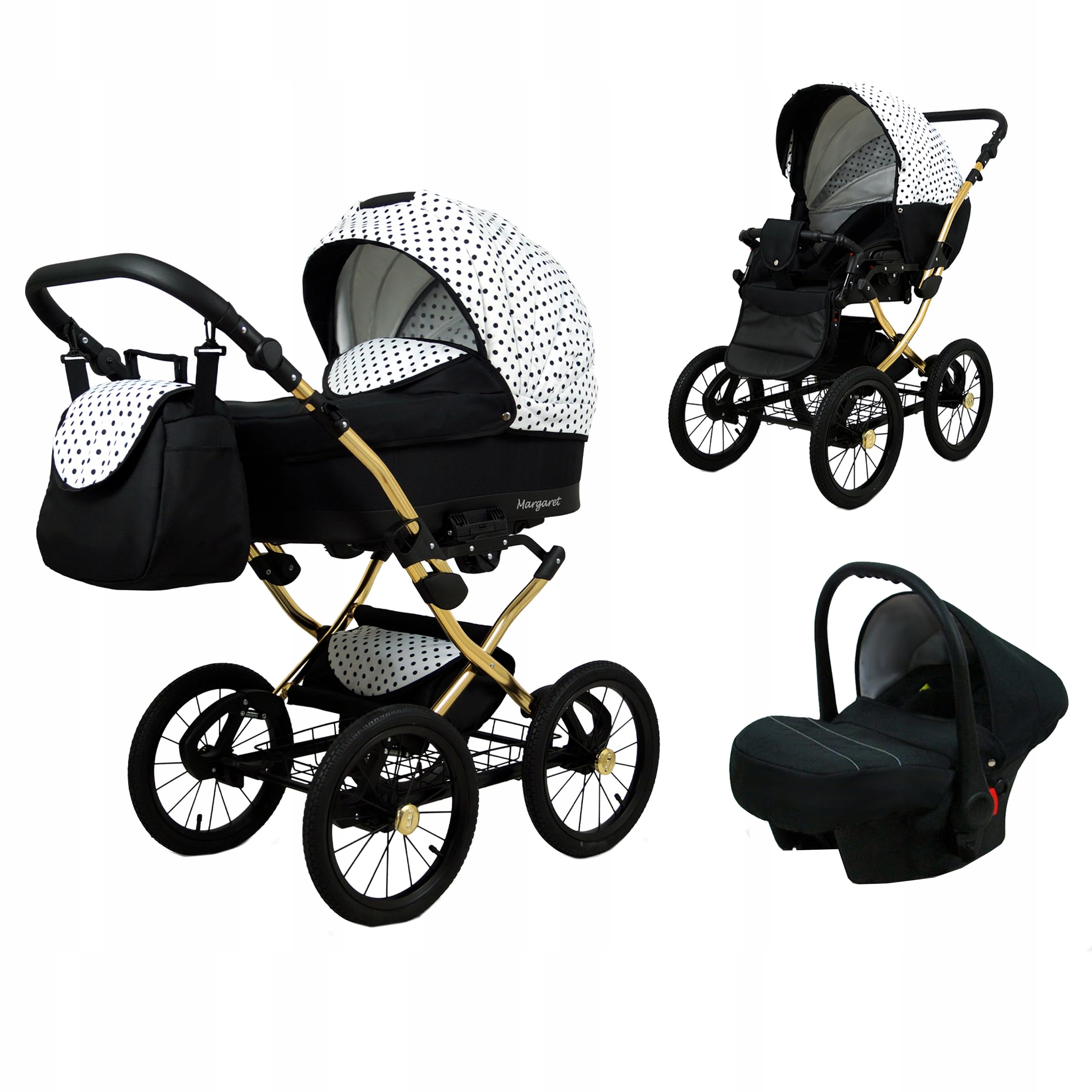 BabyLux Zestaw wózków dziecięcych 3 w 1 – Margaret – w zestawie wanienka dla niemowląt, fotelik sportowy, fotelik samochodowy – zestaw wózków dziecięcych z torbą do przewijania, osłoną