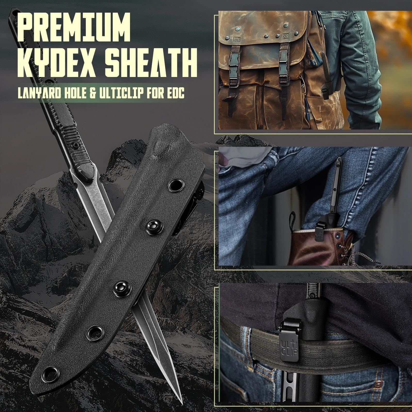 Freelander Outdoor Messer Feststehende Klinge mit Kydex Scheide, Survival Messer aus 440C Stahl, Full Tang Bushcraft Outdoormesser für Camping, Geschenk für Männer