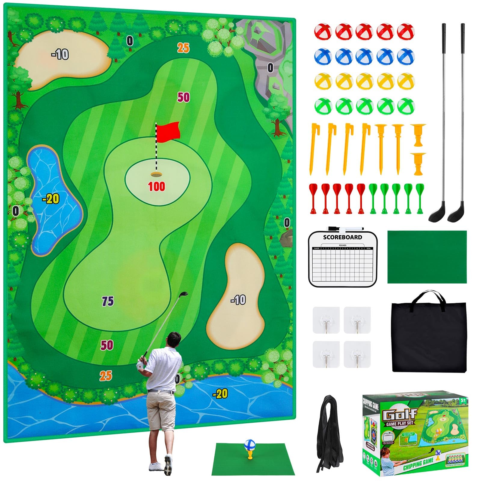 MoKo Golf Chipping Mat Set - 47"x70" Sticky Battle Golf Game Play Set Double Sided Par Pursuit Game for Kids Adults, Indoor & Outdoor, with 2 Sticks 20 Sticky Balls