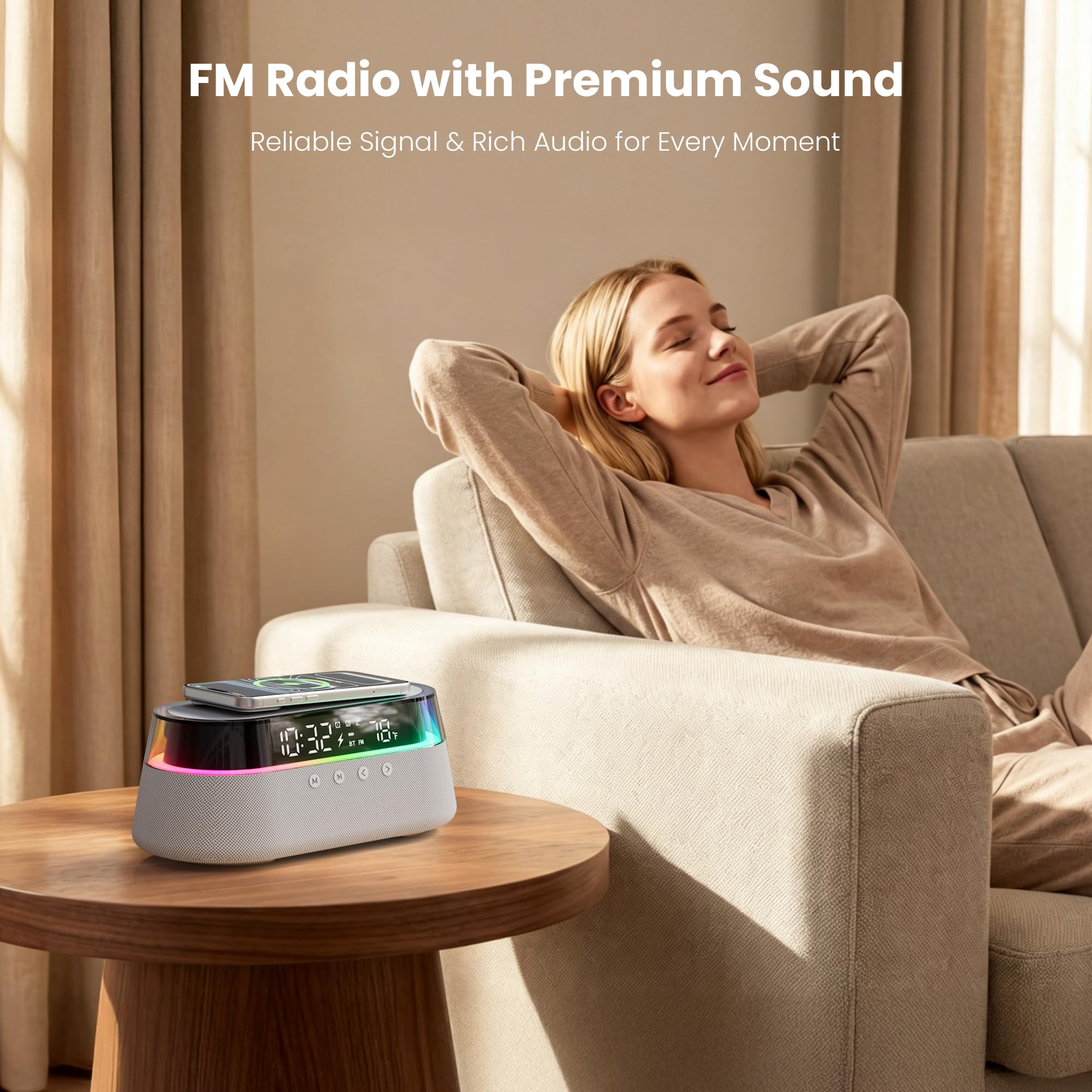 Altoparlante Bluetooth con Sveglia Caricatore Wireless 15W con Telecomando | Doppia Sveglia con Radio, Funzione Snooze e Luce Notturna per la Camera da Letto o l'ufficio Regalo Uomo Donne