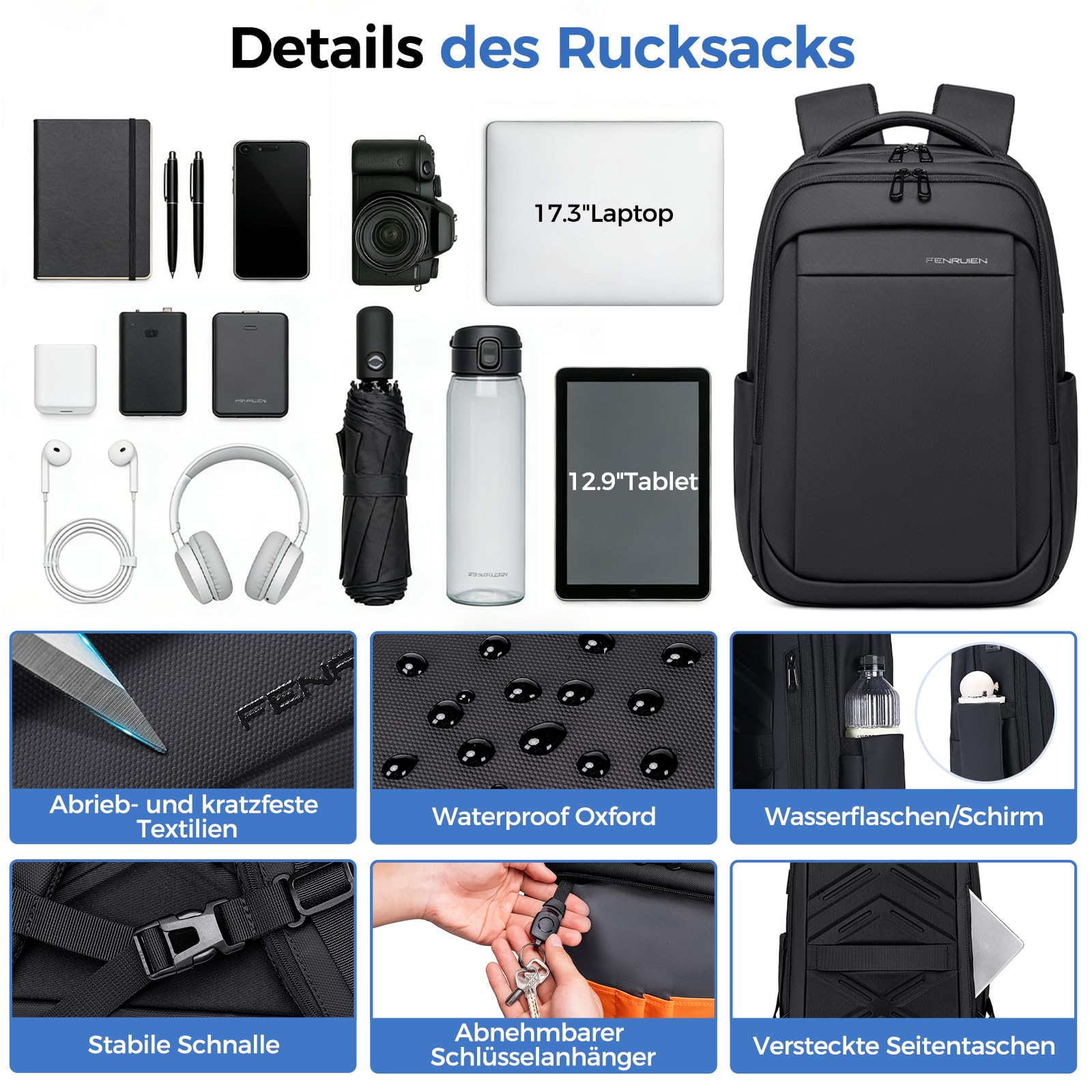 Fenree.geer Rucksack Herren –Handgepäck Rucksack 17.3-Zoll Laptop Rucksack Erweiterbar (Wasserdicht & Anti-Diebstahl) – Elegante Laptoptasche für Büro, Reisen, Pendeln und Schule – Unisex Design