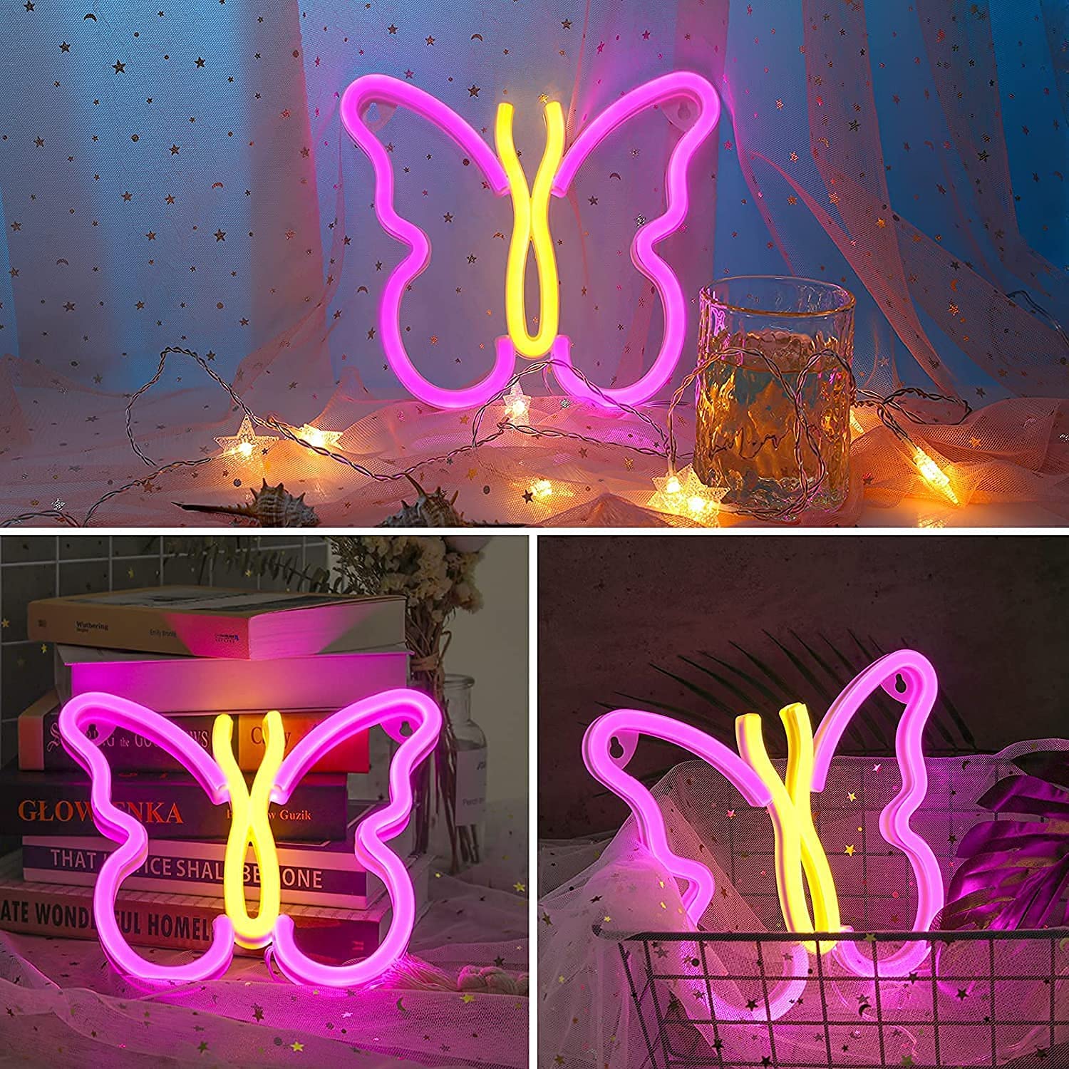 Luz nocturna para niños, enchufe de mariposa de fibra óptica LED que cambia de color, lámpara de decoración de luz nocturna, juguete de regalo (rosa + amarillo)