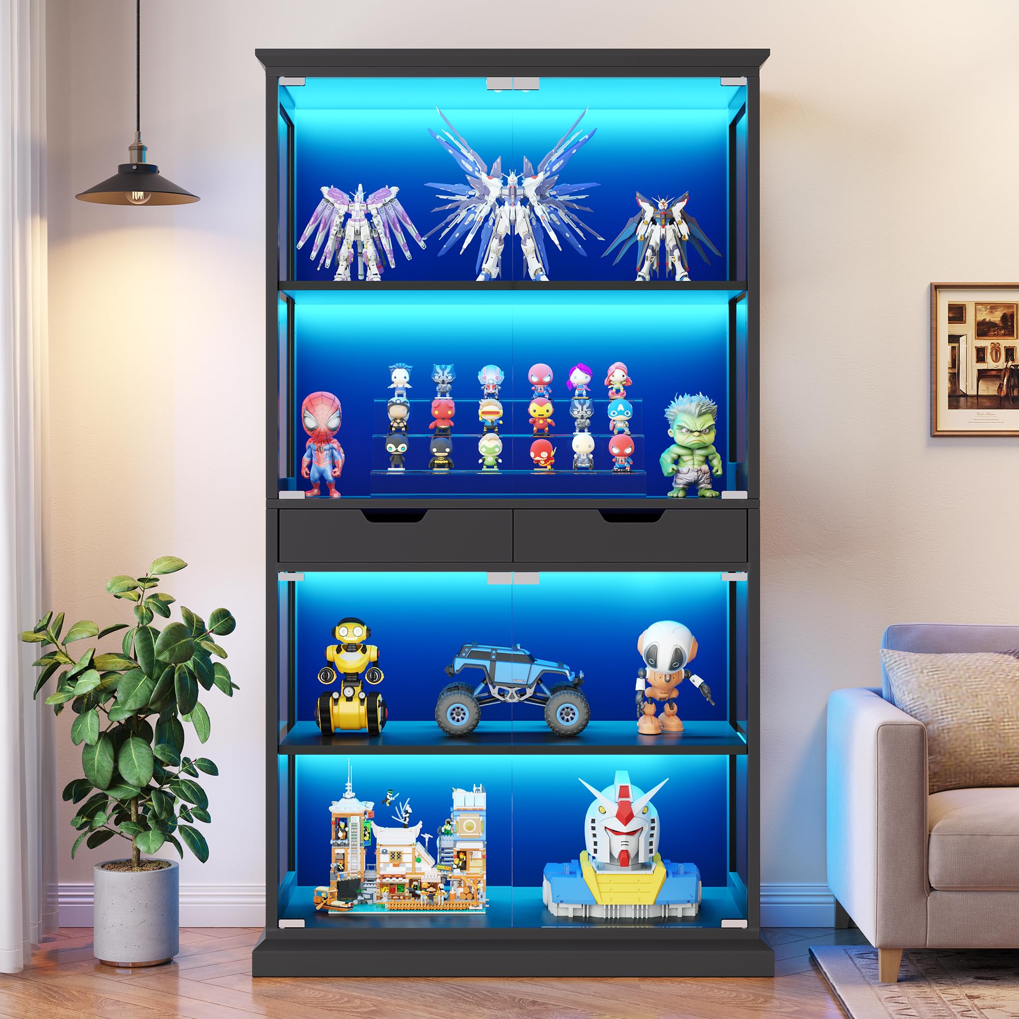 Jocoevol Vitrine mit Glastüren, 174cm Hoch Vitrinenschrank, 4-Lagen Glasvitrine Stehend mit RGB LED Beleuchtung & APP, Sensor, 2 Schubladen, Sammlervitrine für Wohnzimmer, Schwarz