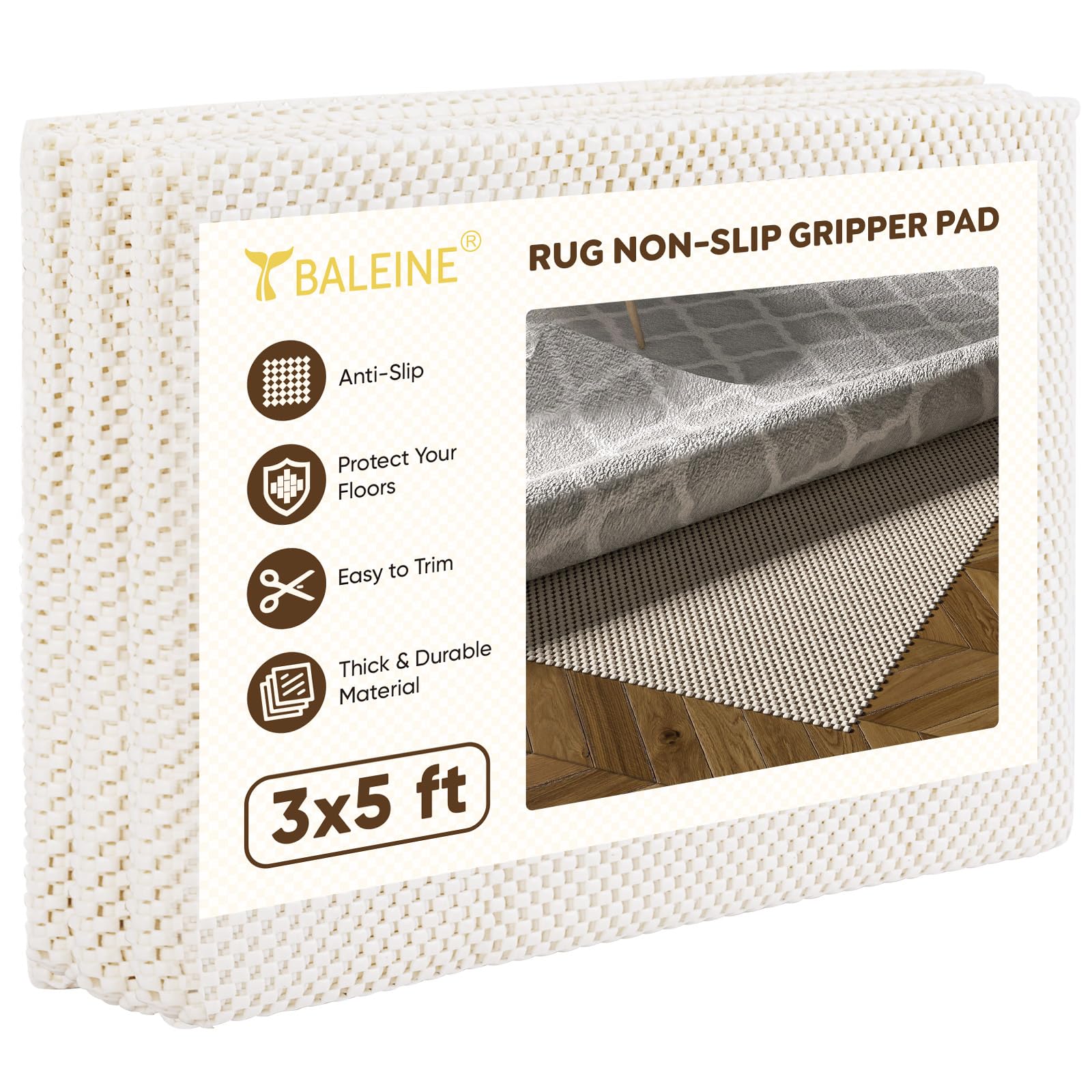 BALEINE Non Slip Rug Pad Rug Gripper for Hardwood Floors Extra Thick Non Slip Mat Under Carpet 3x5