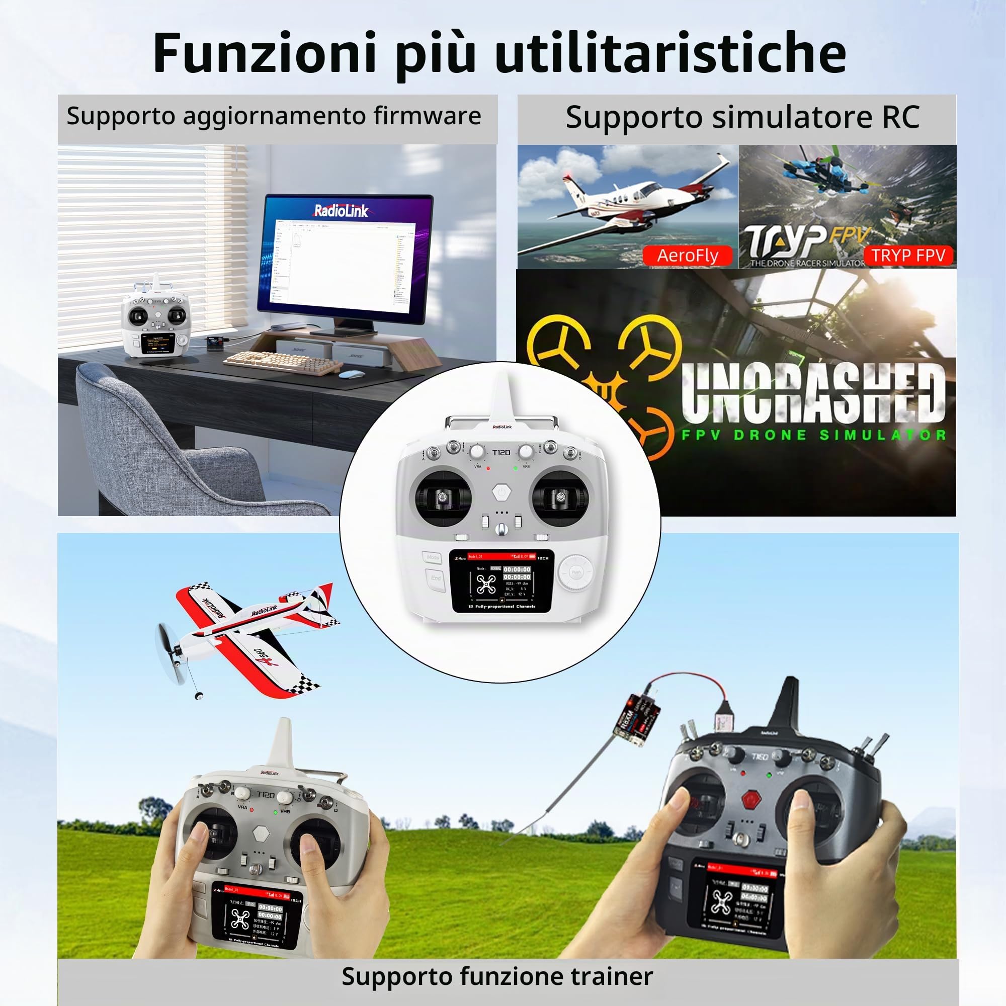 Radiolink T12D Trasmettitore RC 12CH e Ricevitore R12F, Radiocomando 2.4GHz Portata 4km, 50 Memorie Modelli, Supporta Moduli ELRS/TBS Crossfire per Droni, Aerei, Auto e Barche (Modo 2)