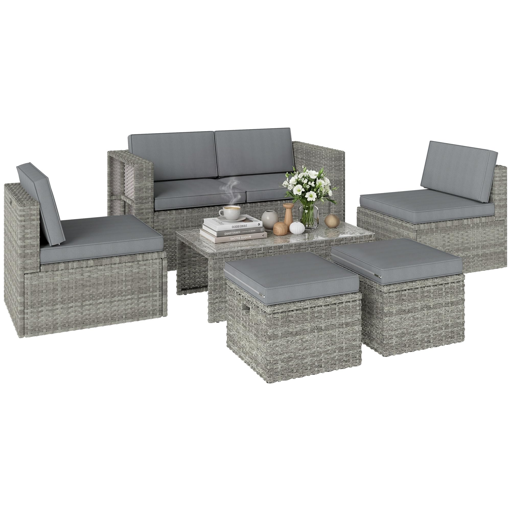 Outsunny Set Salotto da Giardino in Rattan 6 Pezzi, Set di Mobili da Giardino Sovrapponibili Salvaspazio in Acciaio con Divano 2 Posti, 2 Poltrone, 2 Poggiapiedi, Tavolo Vetro, Cuscini, Grigio Scuro
