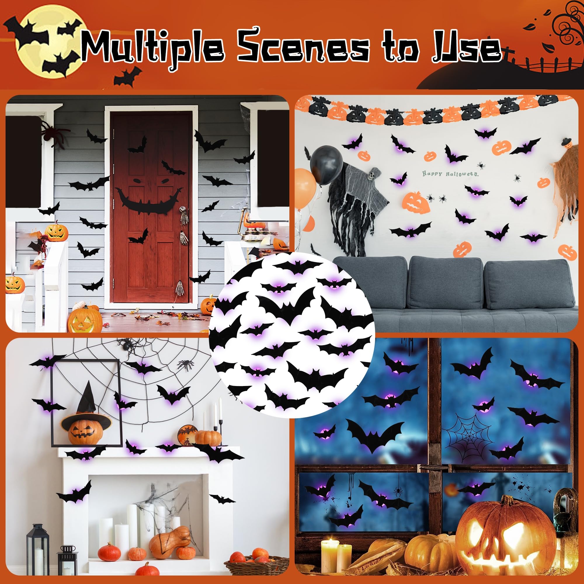DR.DUDU Confezione da 36 adesivi da parete a forma di pipistrelli di Halloween, dimensioni assortite per feste di Halloween, decorazioni per finestre della camera da letto, decalcomanie per interni ed