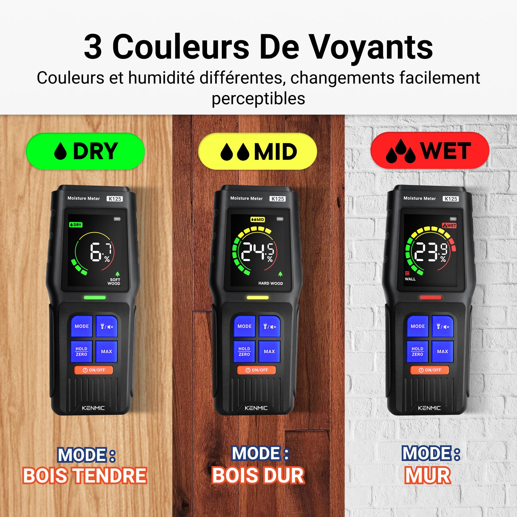 Testeur d'Humidité Sans Contact pour Murs, Bois et Cloison Sèche | Humidimètre avec Écran LCD et Alarme Automatique, 4 Modes, Détection Jusqu’à 19 mm de Profondeur