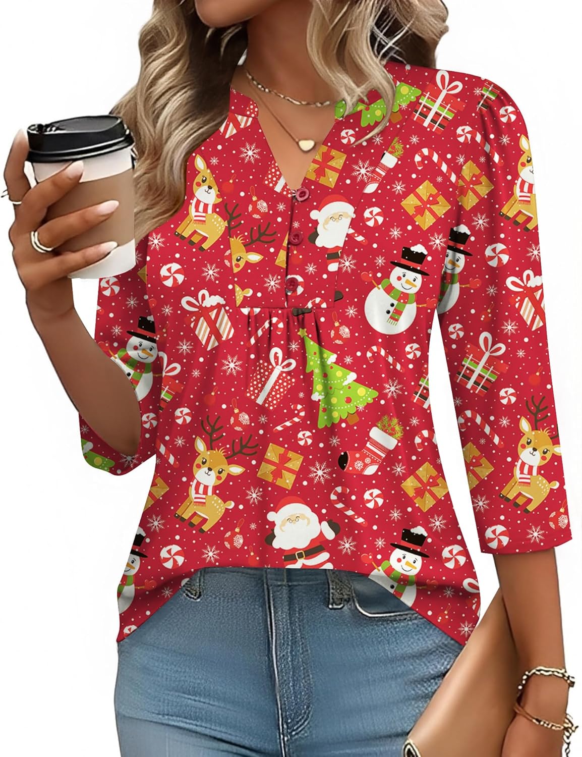 IECCP 3/4 Length Sleeve Womens Tops Dressy Casual Henley V-Neck Summer Tops Pleated T-Shirts Loose Fit Work Blouses