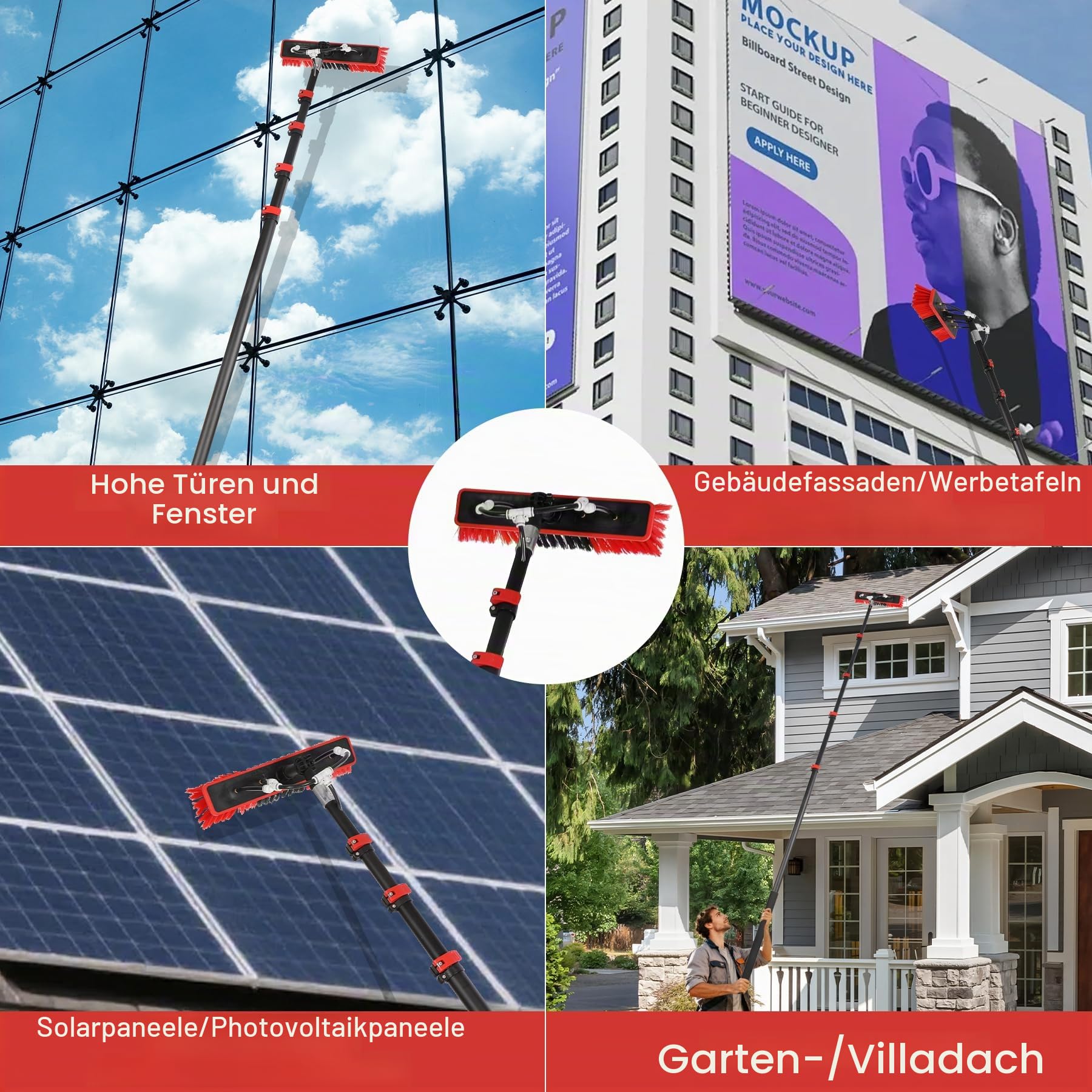 7,2 m Teleskop Waschbürste, Einstellbarer Winkel, Seifenspender | Reinigungsbürste, Wasseranschluss, schonend, PV-Reiniger, langlebig, robust, wetterfest, für Solaranlagen Autos Haus Fenster