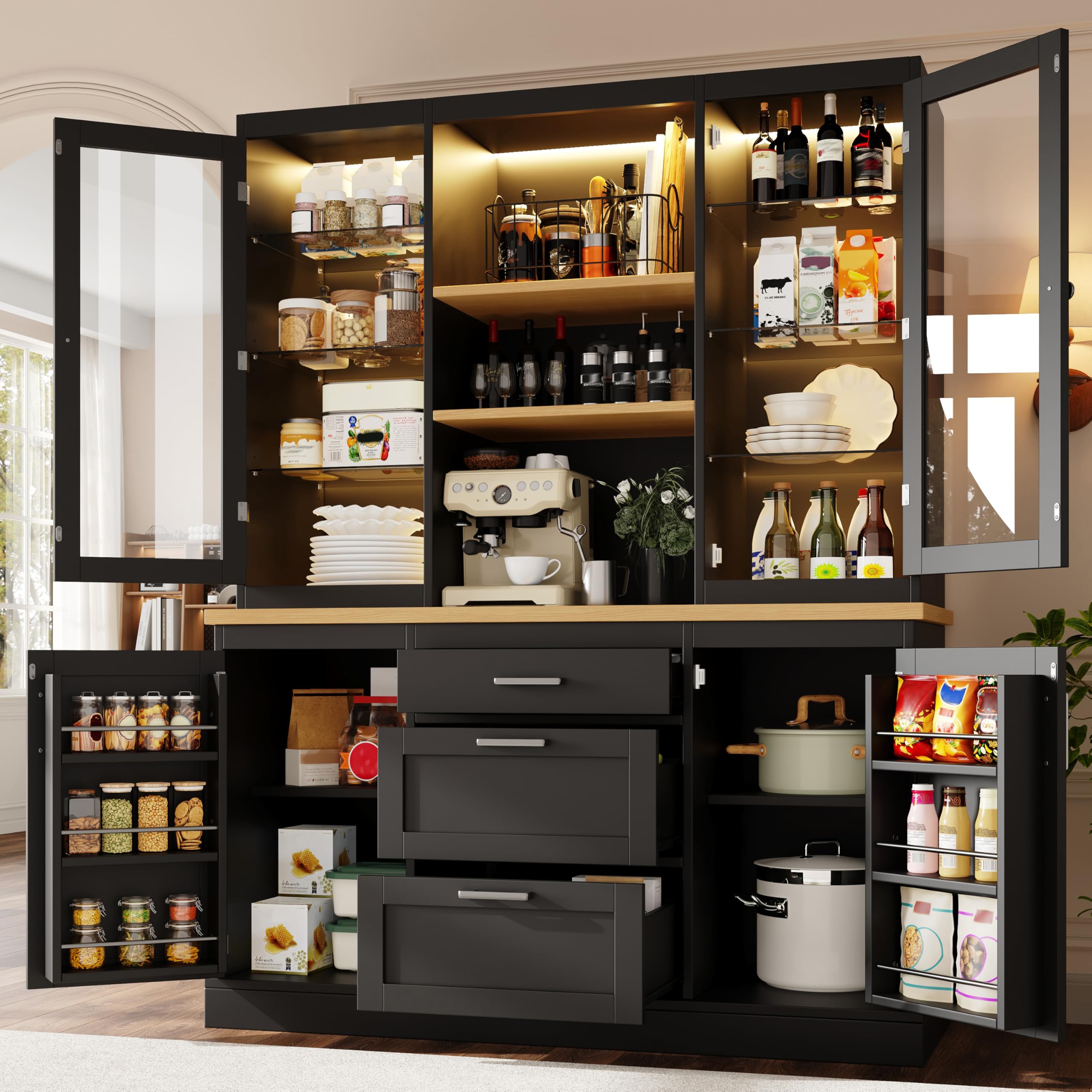 Armoire de cuisine avec plan de travail - Armoire de buffet avec étagères réglables - Éclairage LED contrôlé par application - Armoire haute polyvalente pour cuisine et salon - 140 × 40 × 185 cm (noir
