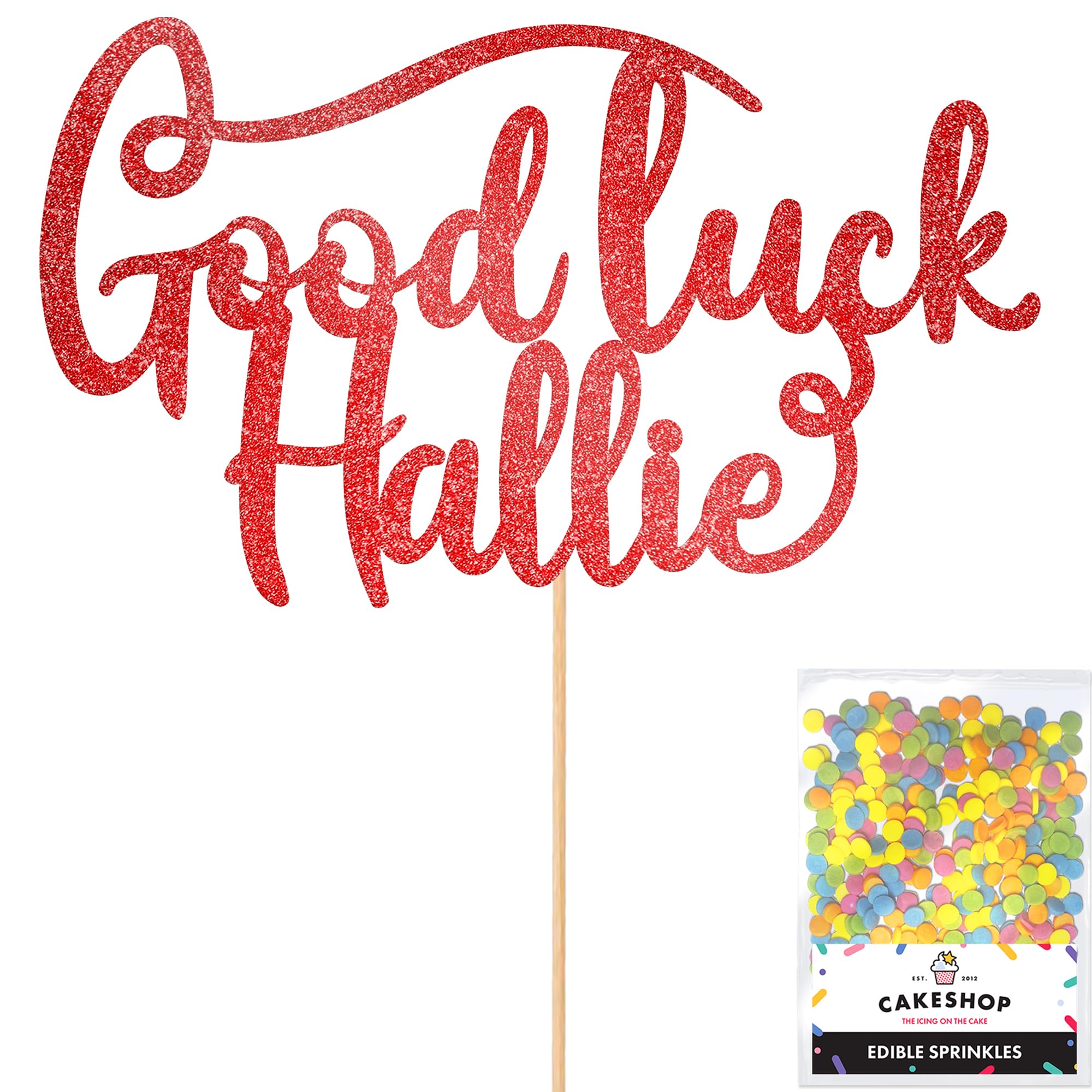 Cakeshop Personalised Good Luck Glitter Cake Topper With Sprinkles - Red Custom Colour - Any Name - Double-Sided Glitter Card Cake Decoration - Custom Toppers for Cakes