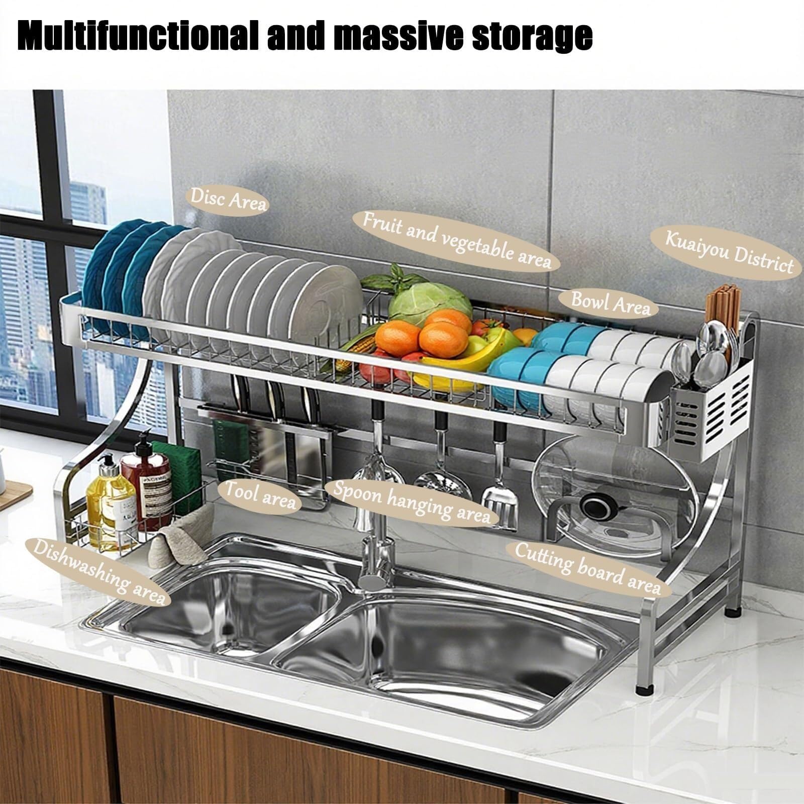 Abtropfgestell über der Spüle, 1/2-stöckig, Edelstahl abtropfgestell | Stahl-Aufbewahrungsküche, multifunktionaler Raum, 84 cm