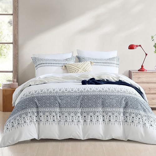 Juego de funda de edredón de algodón tamaño King  3 piezas reversible con patrón bohemio funda de edredón tamaño King suave azul marino King con