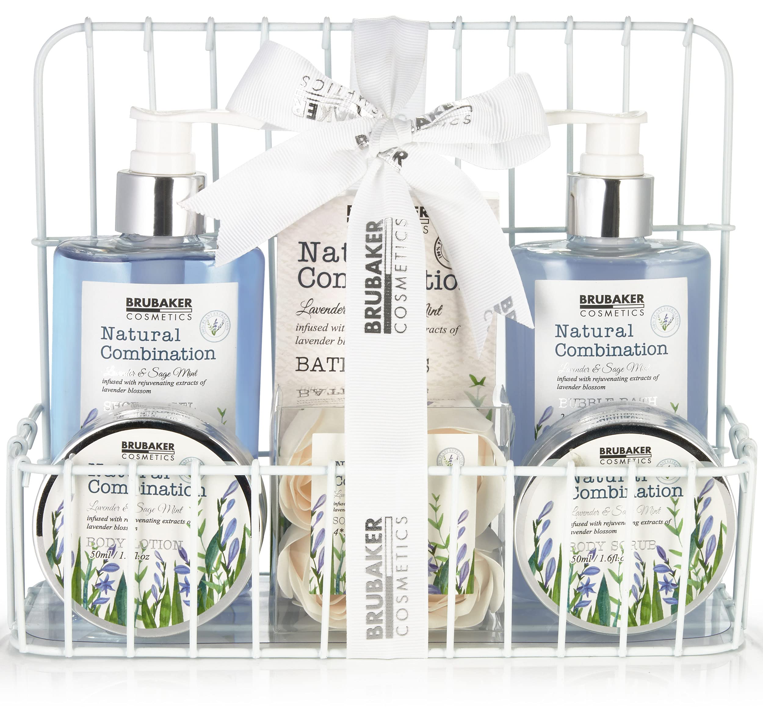 BRUBAKER Cosmetics Beauty Spa Care Set - with Lavender & Sage Mint Extracts - Gift Set in Bathroom Shelf White