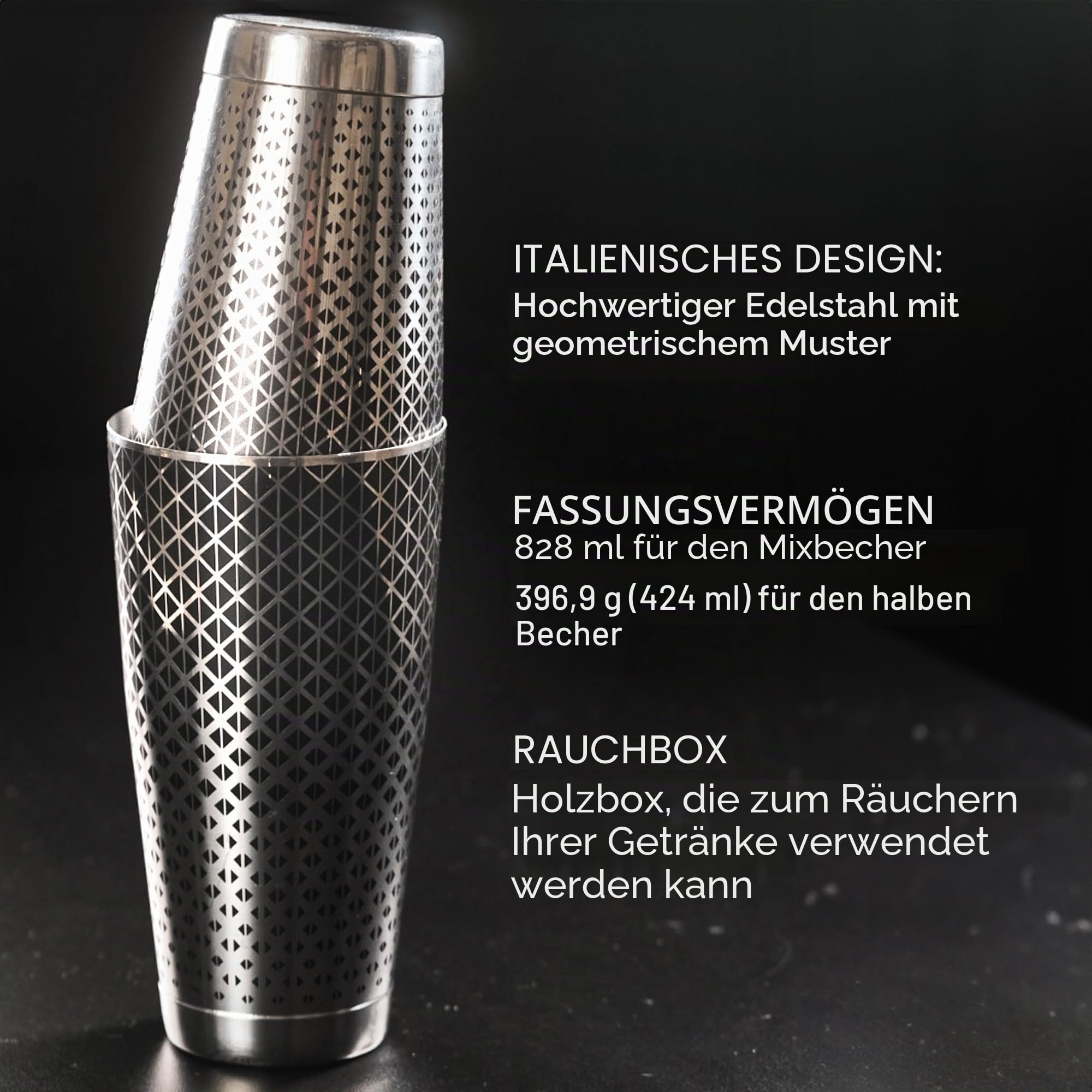 Kidia Boston Shaker Profi aus Edelstahl 304 mit Schwarz-geometrischem Muster – 2‑teiliger Tin‑on‑Tin 828 ml + 424 ml – Holzbox inklusive – Bartender Cocktail-Set, Bar und Haus (Personalisiert)