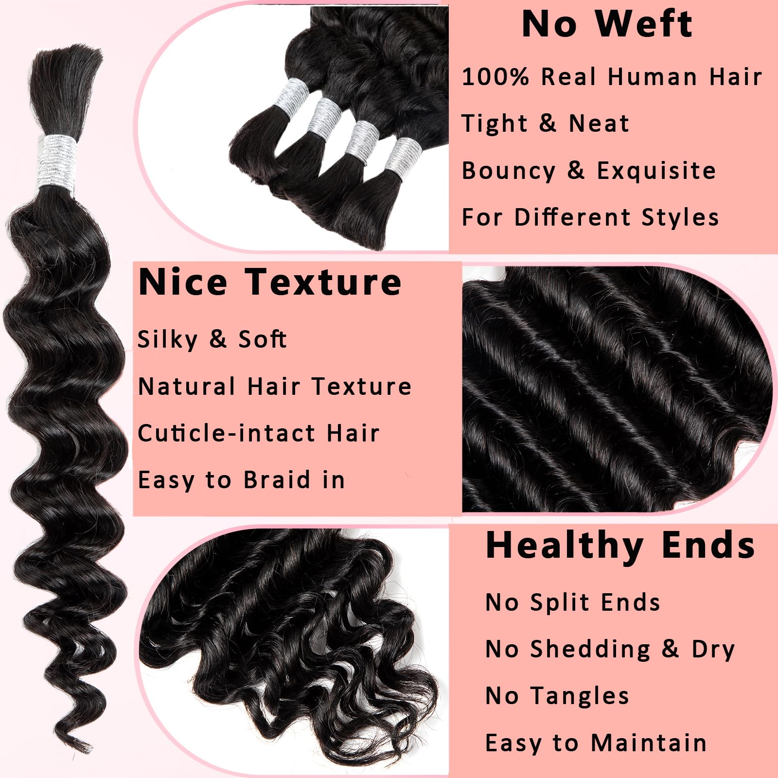 Human Braiding Hair for Boho Braids 14 inches Human Hair for Braiding No Weft Deep Wave Natural Black Color 4 Bundles/Pack (Total 100G) - Image 3