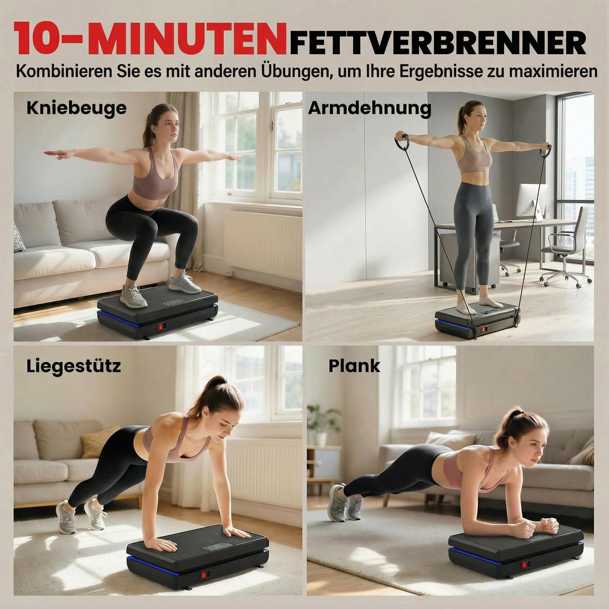 SPORTNOW Vibrationsplatte Rüttelplatte mit 120 Intensitätsstufen 5 Vorprogramm LED-Lichtern Widerstandsbänder rutschfest Vibrationsgerät Kompakt Vibrationstrainer für Muskelaufbau Ganzkörpertraining