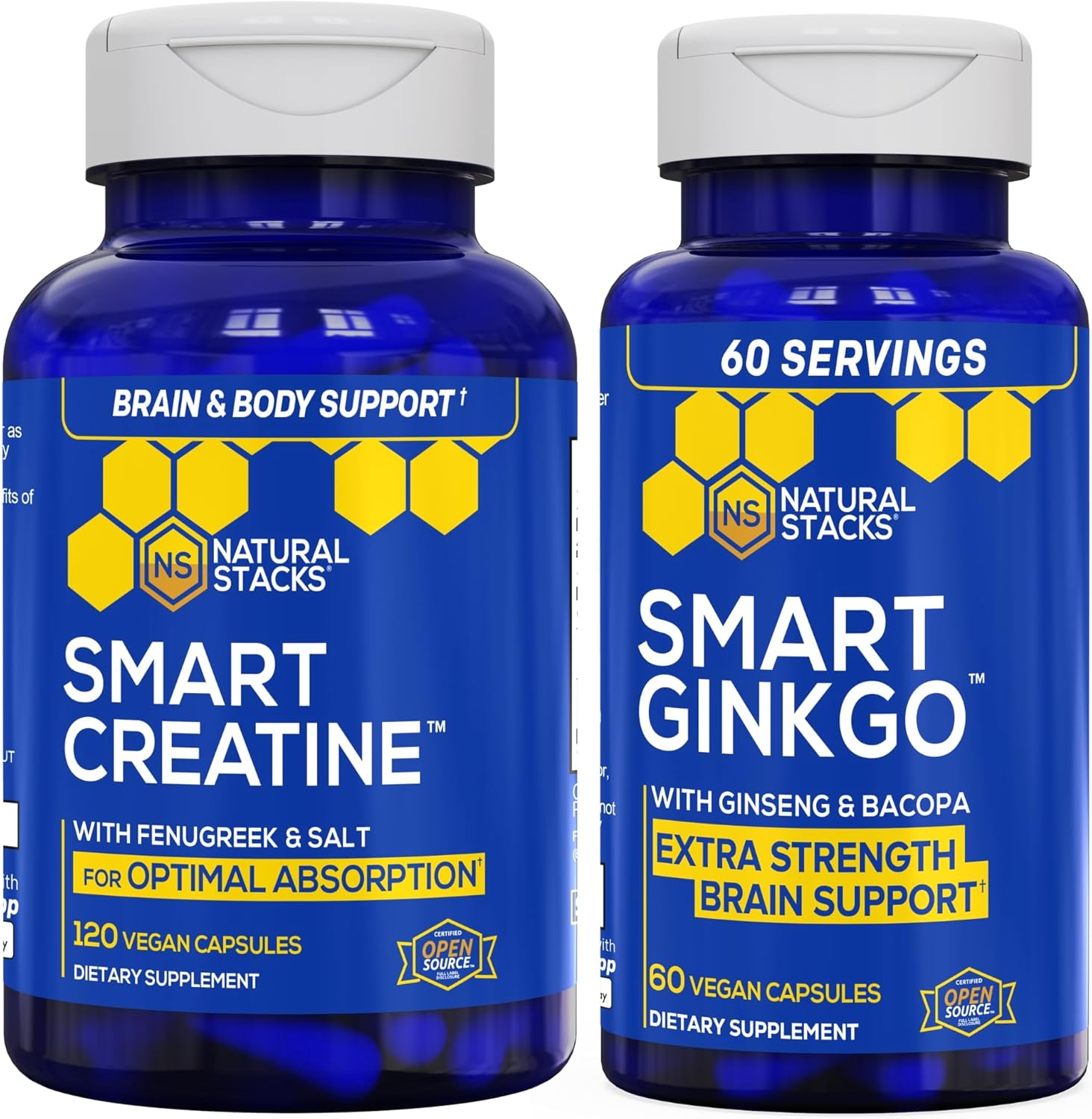 NATURAL STACKS Ginkgo Biloba + Creatine Monohydrate Bundle - Advanced Absorption Formula* - Extra Strength Brain Support* - 180 Total Capsules