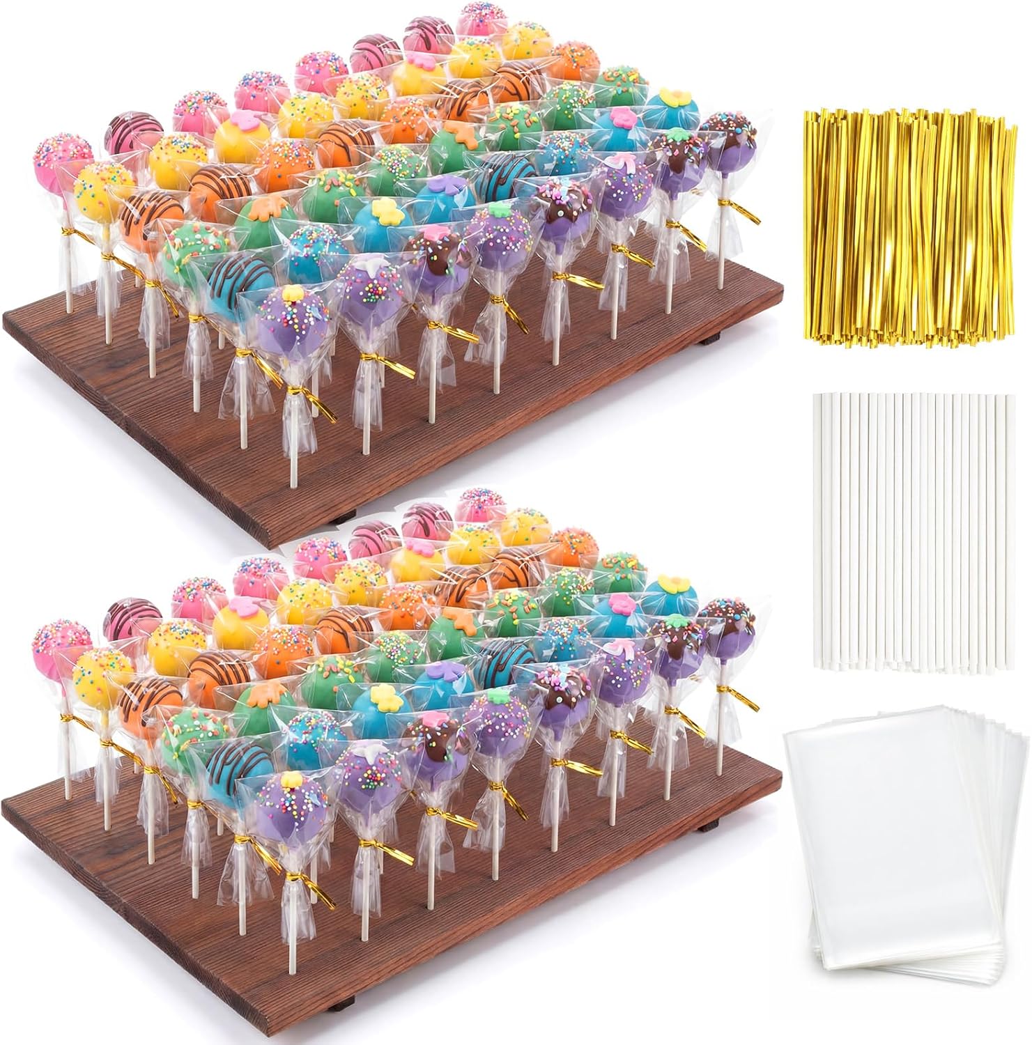 Lallisa 2 Pack Wood Cake Pop Holder Stand with 100 Sticks Wrappers and Ties 96 Hole Solid Wooden Lollipop Display Stand Holder for Dessert Table Display Party Weddings Christening Events