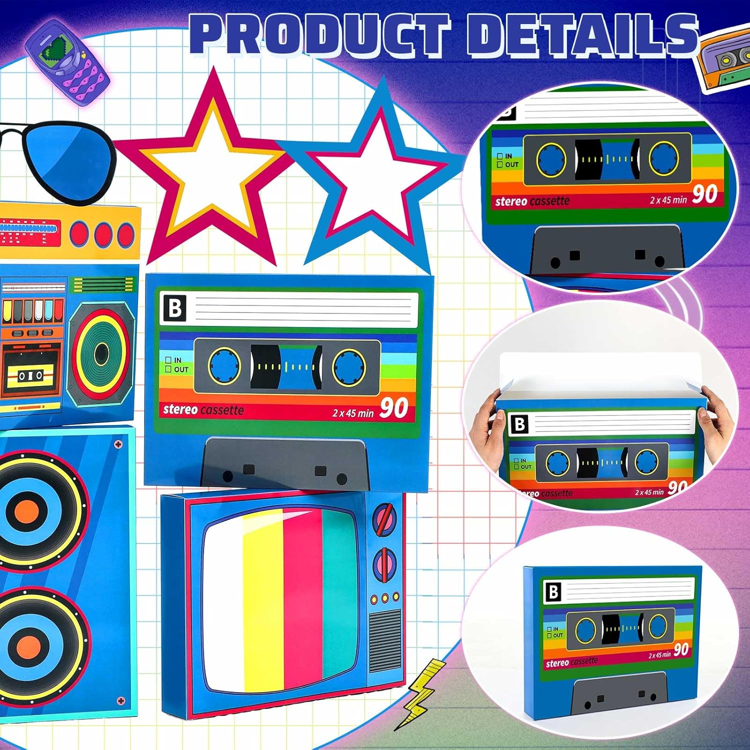Weekgrat 7 pcs Large 80s 90s Party Decorations 3D Hip Hop Favor Set Paper Boombox Cassette Boxes for Retro Back to 1980s 1990s Theme Birthdays Music Neon Decoration