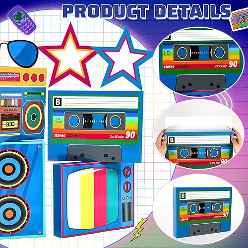 Miniatura 3 de Juego de 7 piezas de decoraciones de fiesta de los años 80 y 90 en 3D, juego de recuerdos de hip hop, cajas de casete de papel para retro de vuelta