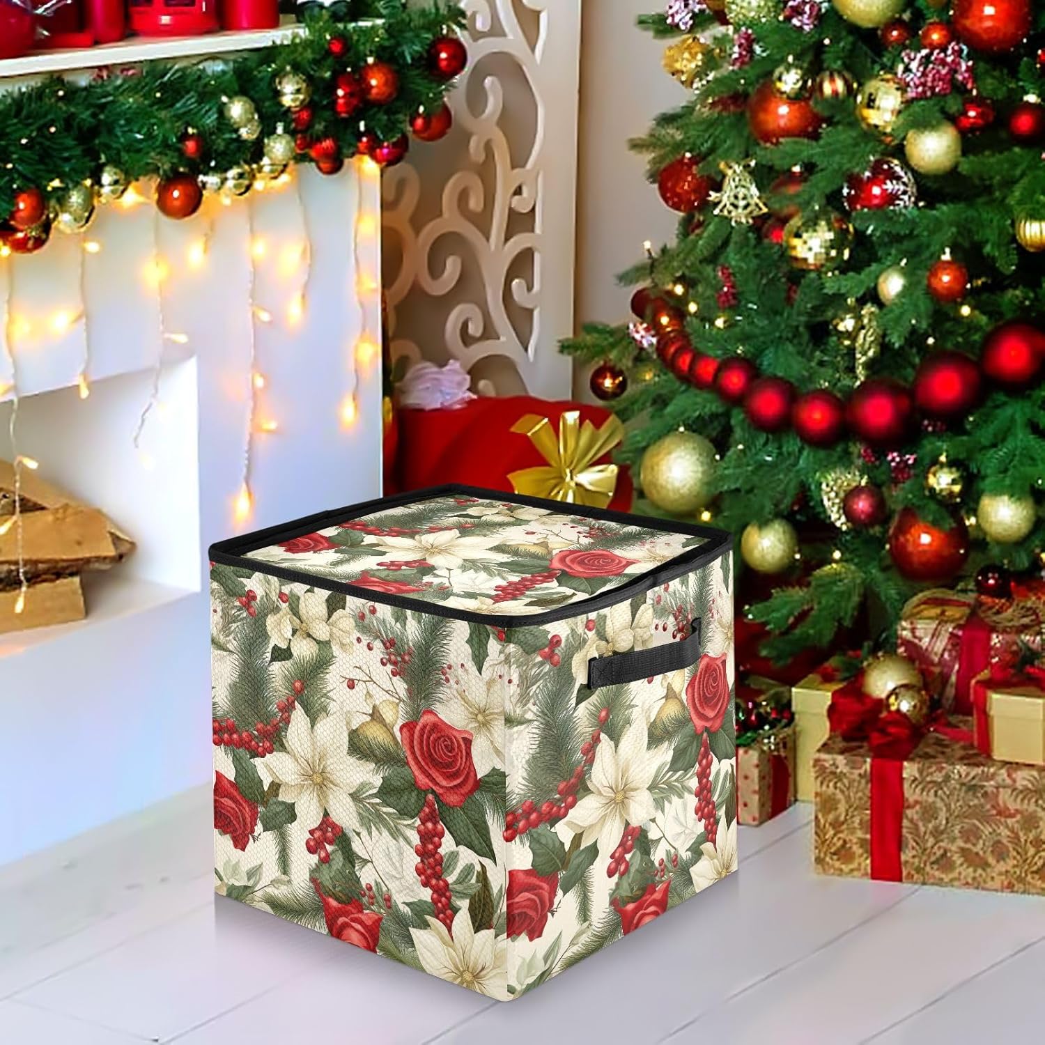 Christmas Wreath Flower Christmas Ornament Storage Box for Next Season Holiday Decorations Storage Container with Adjustable Dividers & Lid Foldable Storage Bins for Ornaments Balls Decor Organizing