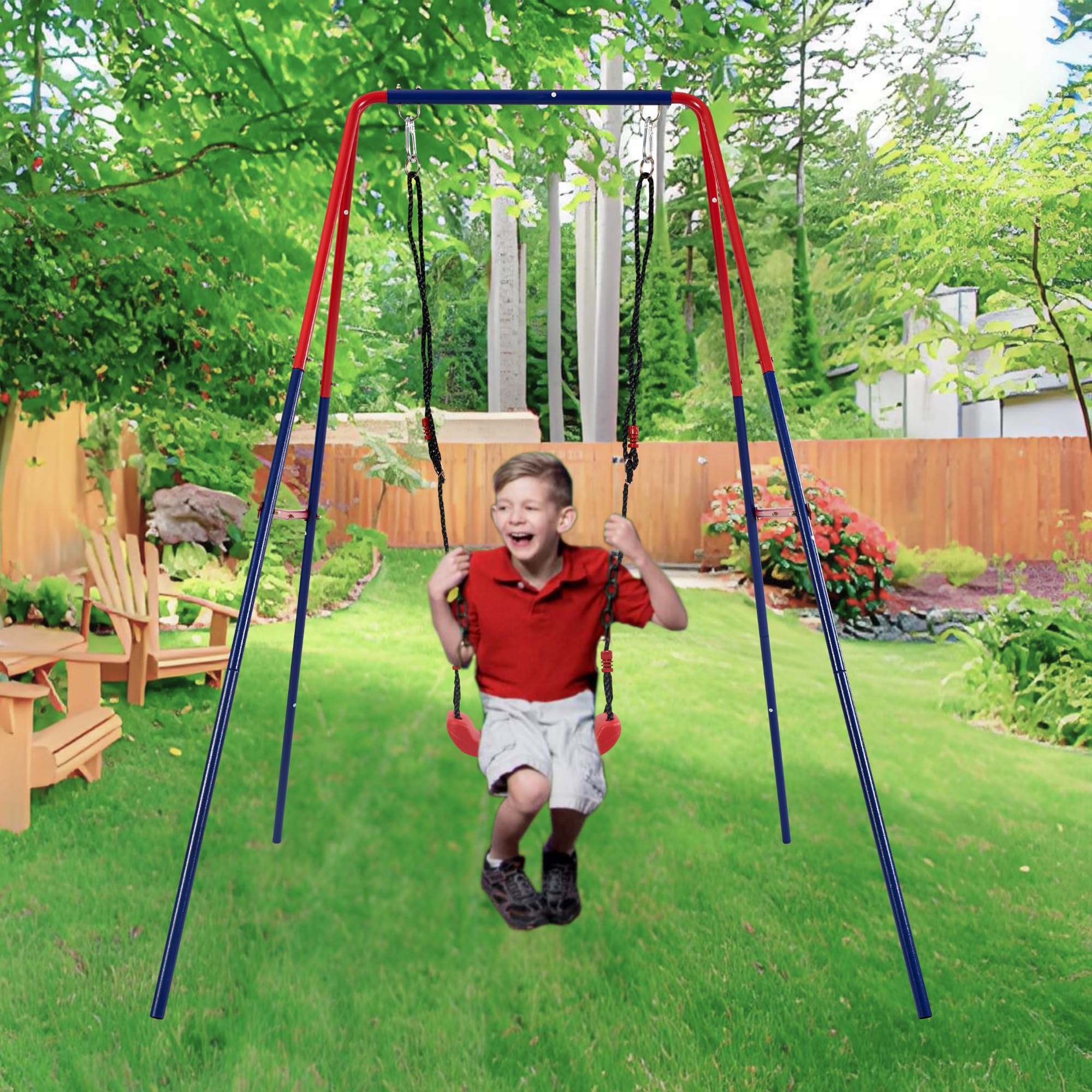 ESPIDOO 2-in-1 Baby Swing Set: Adjustable Steel Frame with Safety Seat - Blue & Red Outdoor Playground Swing for Toddlers & Kids Ages 1-5 - Compact & Large Size Options for Backyard Fun